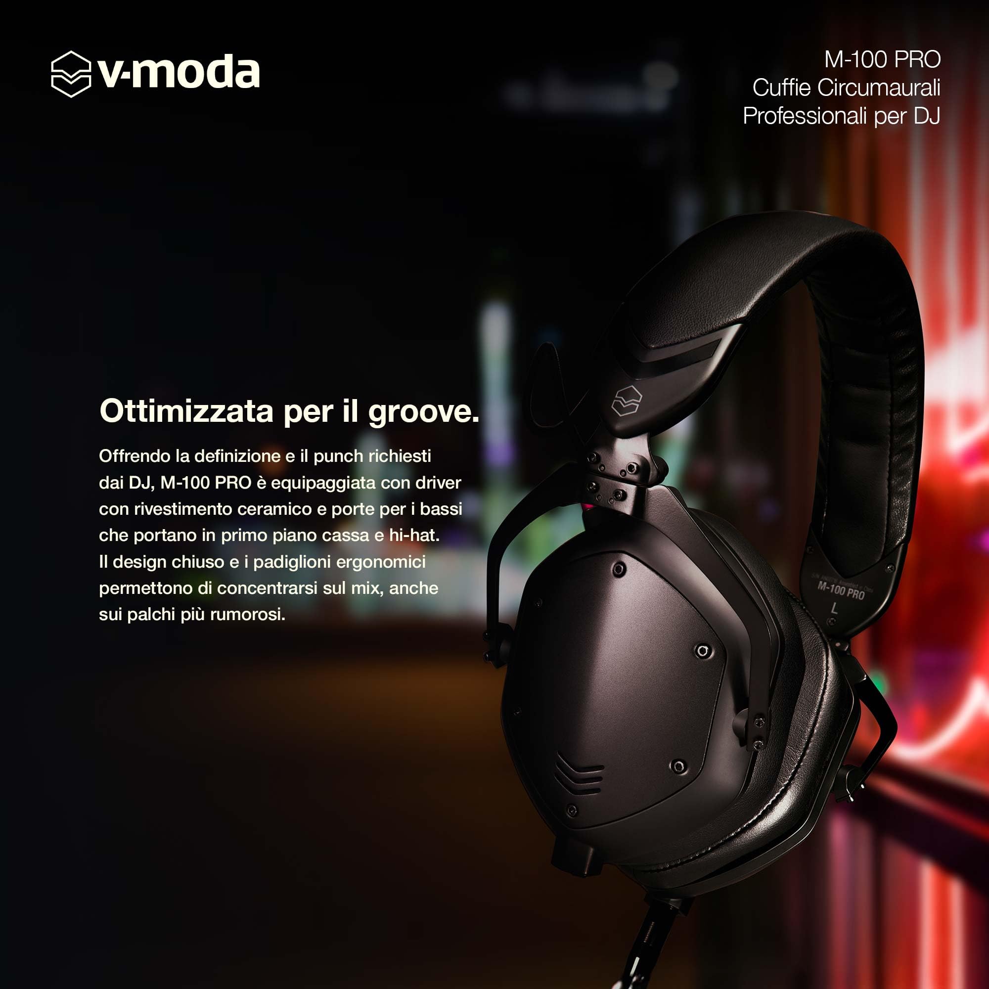V-Moda M-100 PRO | Cuffie circumaurali professionali per DJ | Nate per i DJ pro e la musica dance | Superiore isolamento dal rumore | Ascolto con un solo orecchio | Comfort per lunghe sessioni