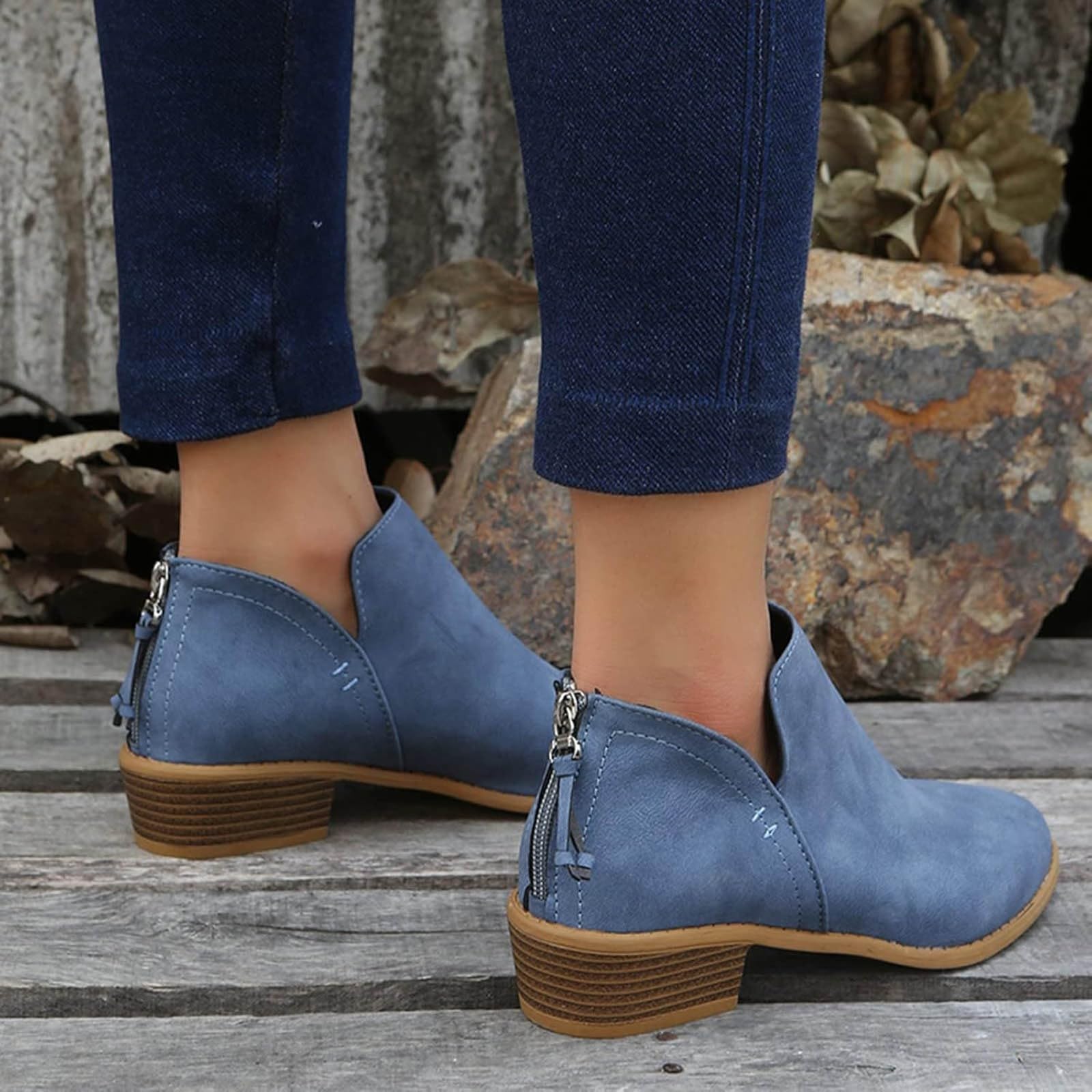 Stiefeletten Damen mit Niedriger Absatz Vintage Ankle Boots Chelsea Boots mit Reißverschluss Knöchelstiefel Lässige Damenstiefel Herbst Winter Stiefel