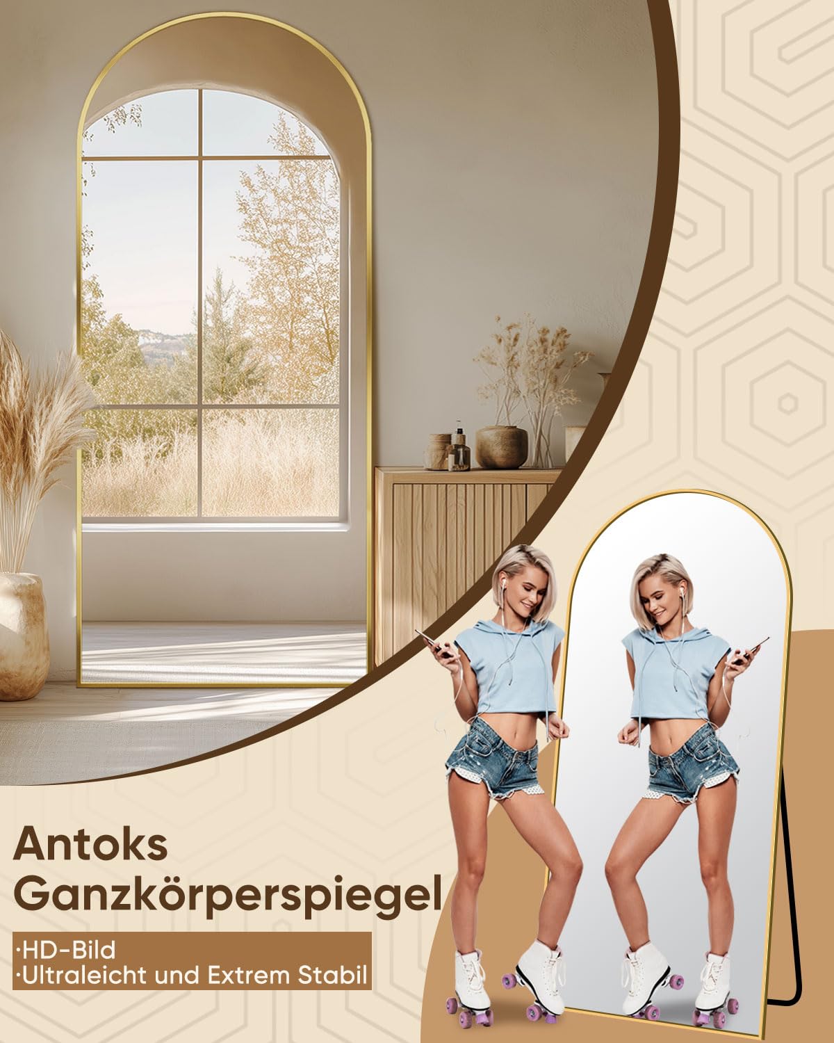 antok Lustro stojące na całej długości, lustro ścienne z ramą ze stopu aluminium i nietłukącym się szkłem, wypukłe lustro podłogowe do salonu, garderoby