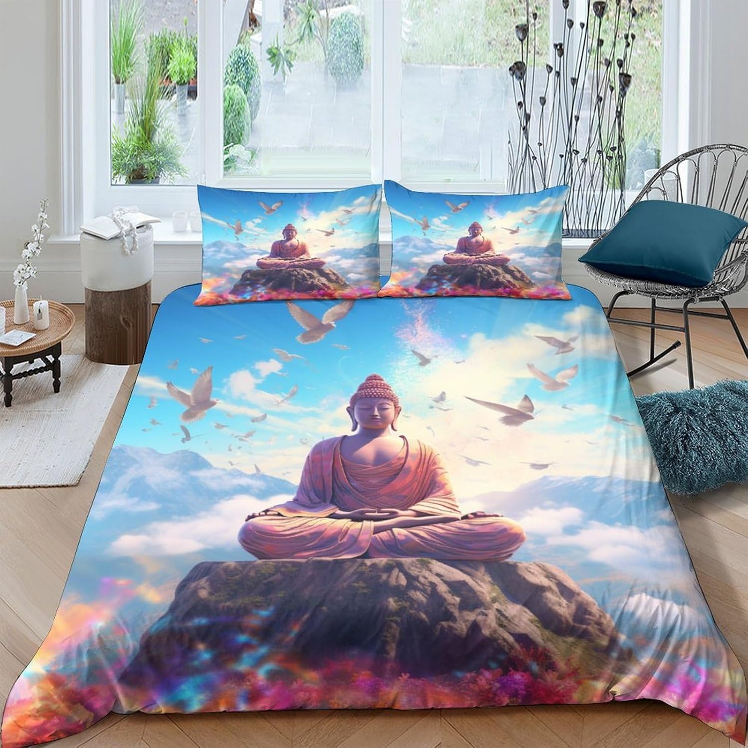 Housse de couette Bouddha 260x230 cm avec 2 taies d'oreiller en microfibres pour lit adulte 2 personnes