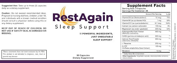 RestAgain Sleep Support - 90 Capsules, Melatonin, GABA, Magnesium, L Theanine, Ashwagandha and More