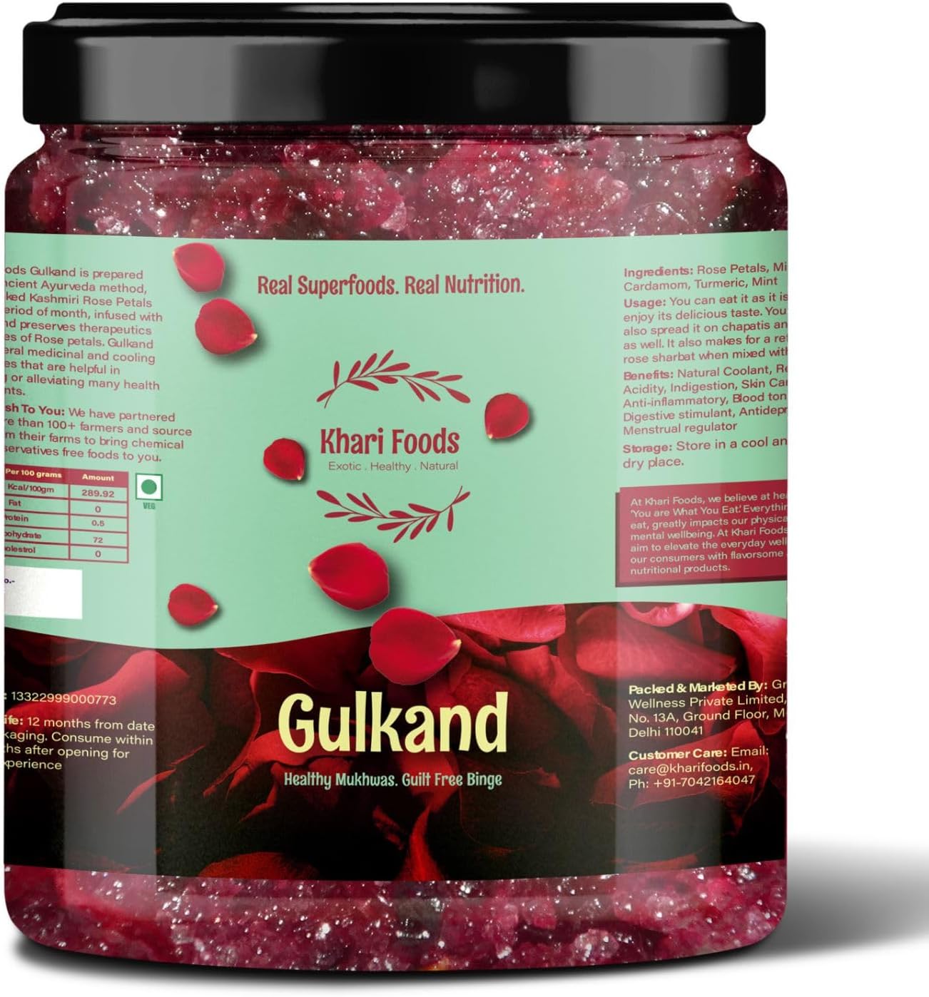 Khari Foods Mint Gulkand 250g, Using Cardamom, Mishry, Mint, Helps Digestion, Sun Cooked Rose Petal Jam