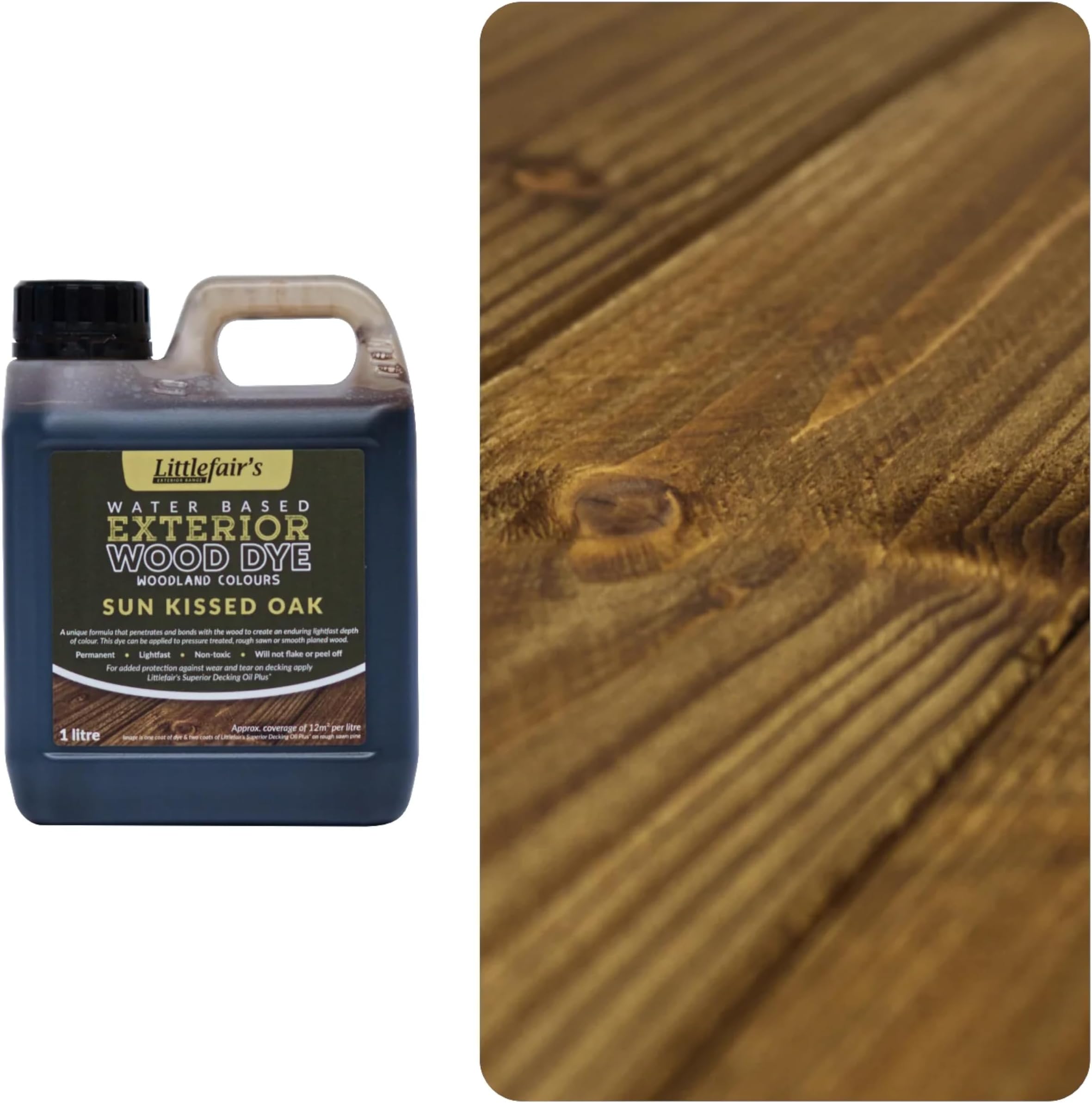 Littlefair's Wood Stain Water Based - 1ltr - Outdoor Furniture Wood Dye - Light & Dark Finishes - Non Toxic & Eco Friendly Formula - Exterior Wood Stain for Crafts - Colour: Sun Kissed Oak