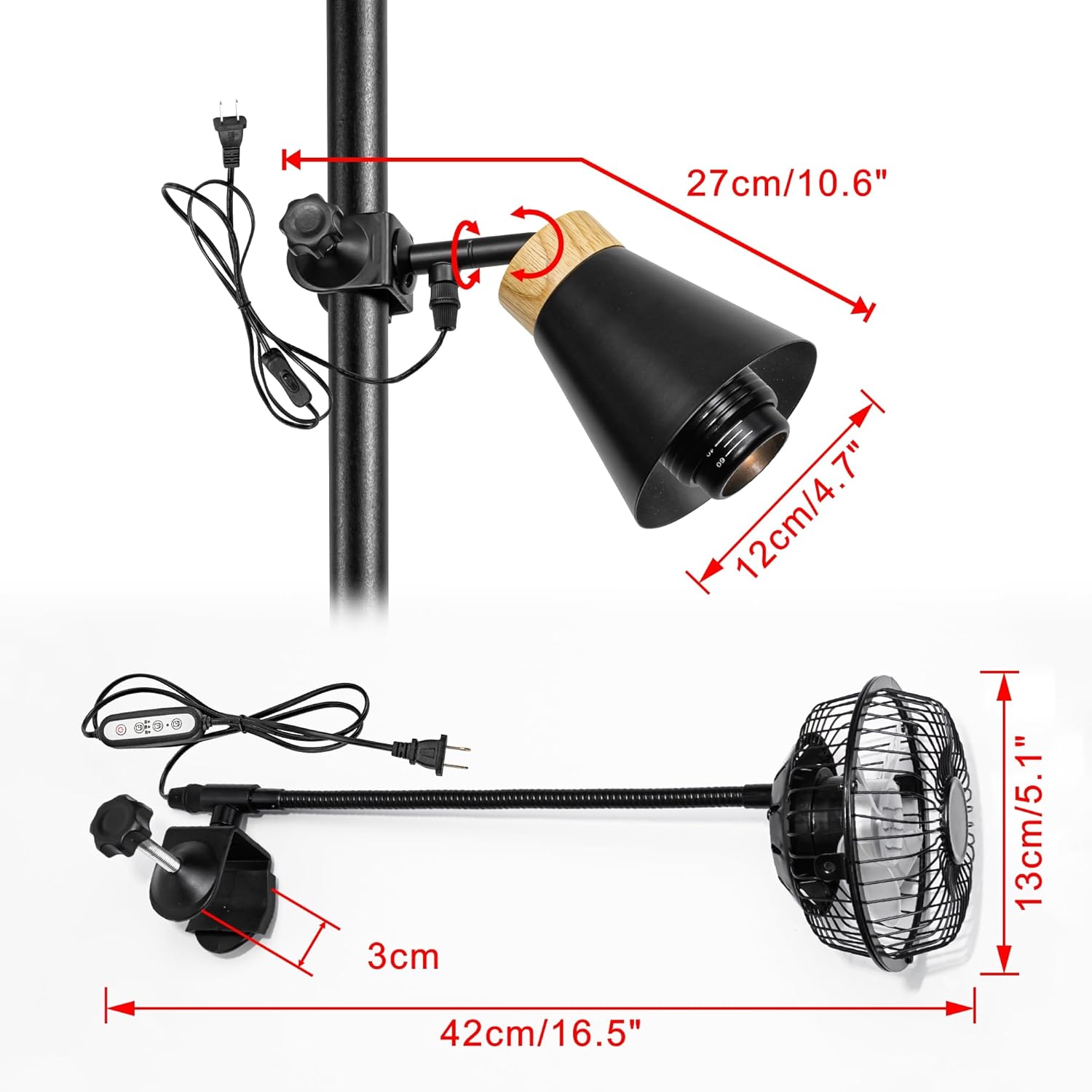 Clip-On Grow Light & Timer Fan 5.9ft Plug-in Cord, Flexible Adjustable Angle Black Metal Vintage Design Full Spectrum 4500K 10W Bulb For Indoor Plants Home