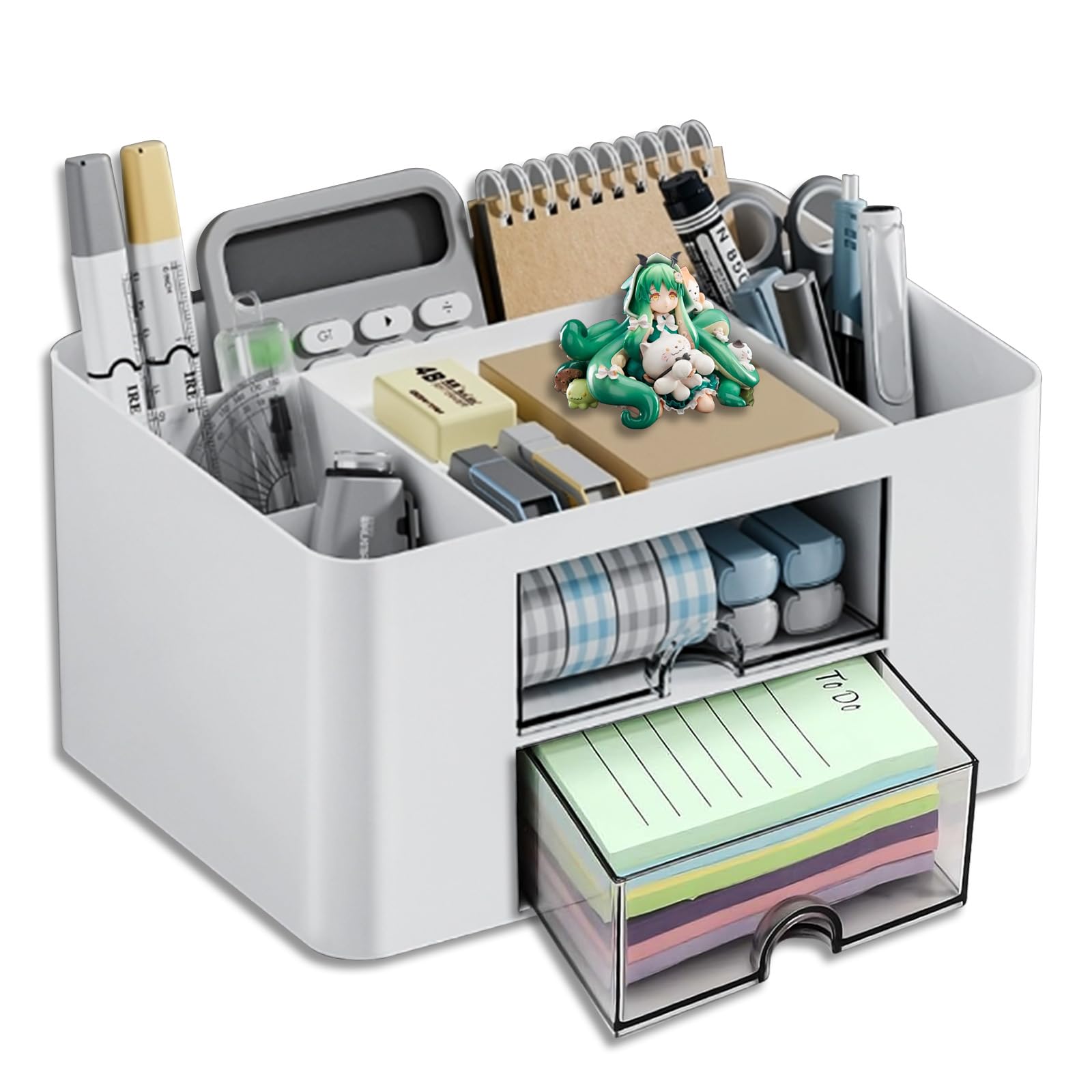 Organizador Escritorio, Organizador de Escritorio, Lapiceros para Escritorio, Portalapices Escritorio con 5 Compartimentos y 2 Cajones para Accesorios Escritorio Oficina Hogar Organizador Maquillaje
