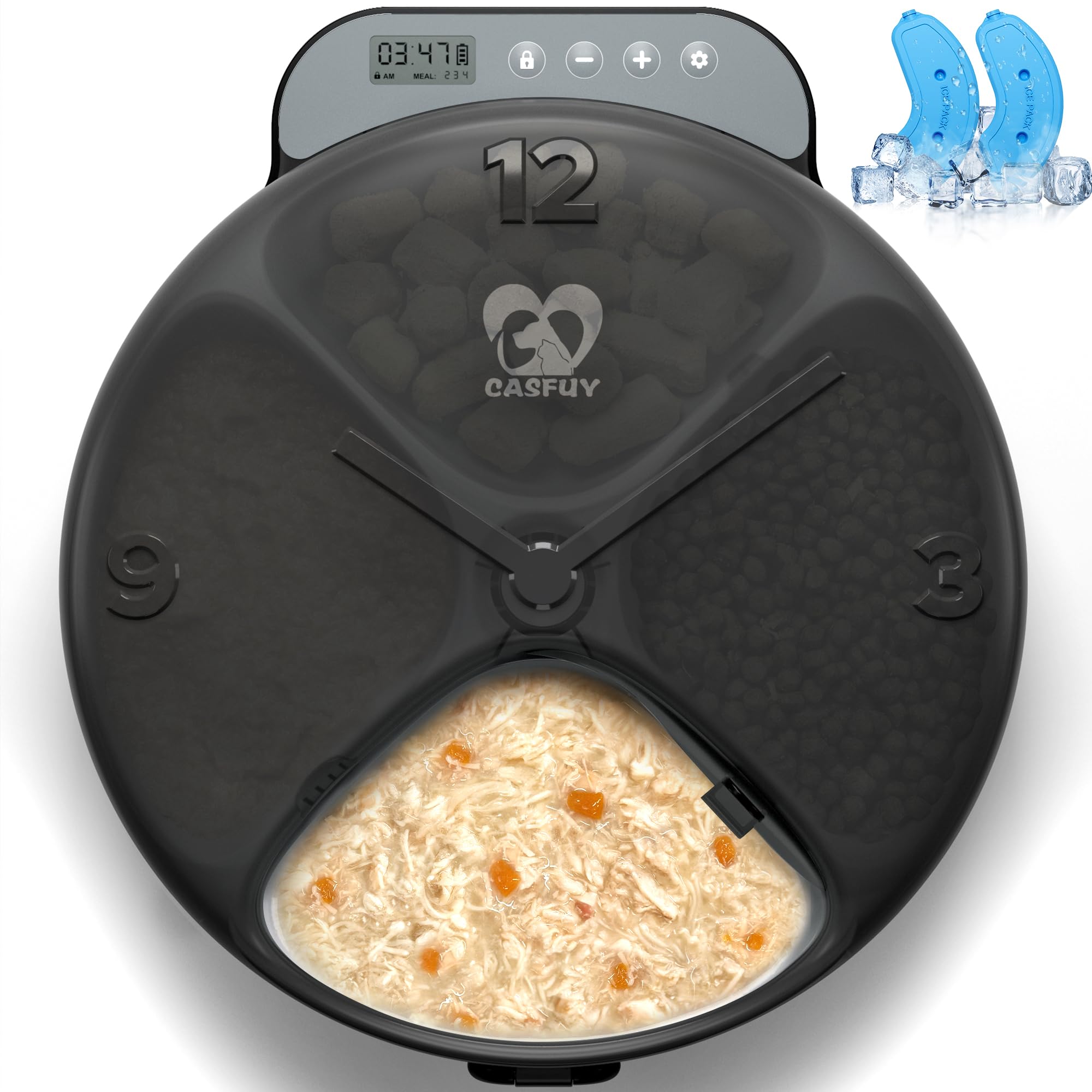 Casfuy Battery-Operated Automatic Cat Feeder - Whisker Friendly Automatic Cat Food Dispenser for Wet Dry Food Cordless 4-Meal Auto Feeder for Cats Small Dogs with Programmable 12H/24H Format Timer