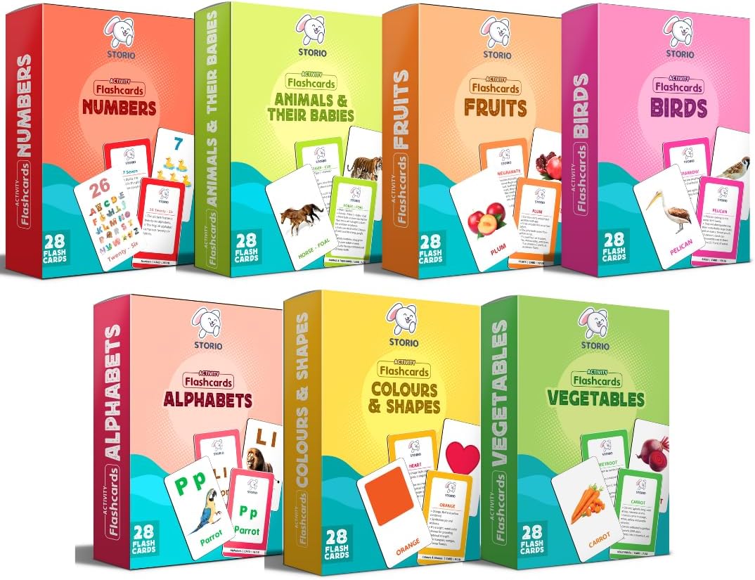 Storio Flashcards Early Learning 7 in 1 Flash Cards for Kids Babies | 196 Total Cards | Fun & Easy Learning Way for Preschoolers & Toddlers | 12+ Months
