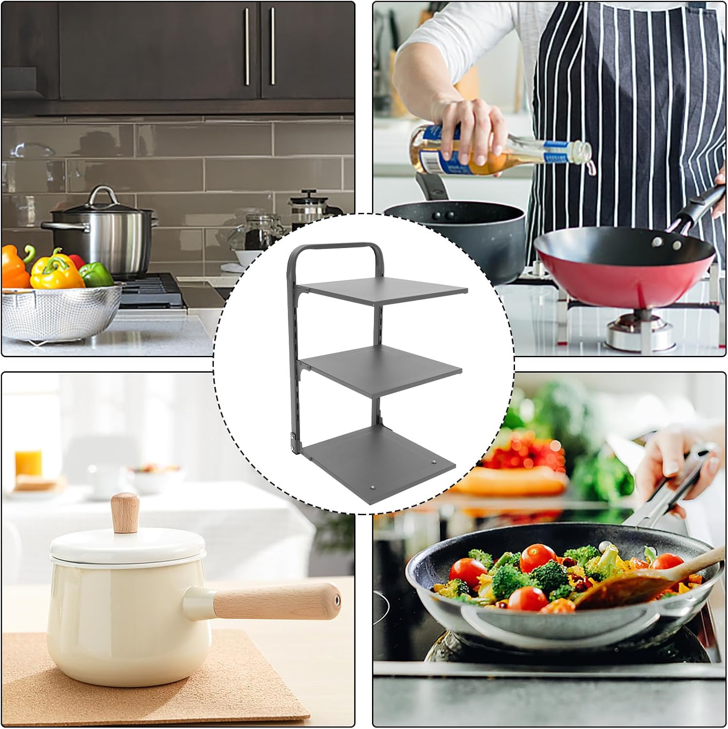 Ciieeo Foldable Kitchen Pot Rack, Multi-function Draining Pan Organizer with 3-tier Large Capacity Gray Storage Shelf for Cabinet and Countertop Use