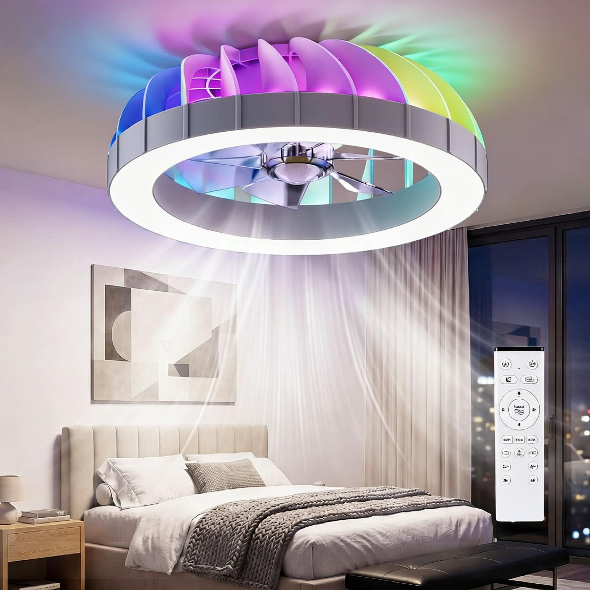 Ateroll Ceiling Fans with Lights, 46CM RGB Fan Ceiling Lights with Remote Control, 6 Speeds 3000K-6500K Dimmable Quiet LED Fan Lights Ceiling, Timer and Memory, for Bedroom Dining Room Living Room