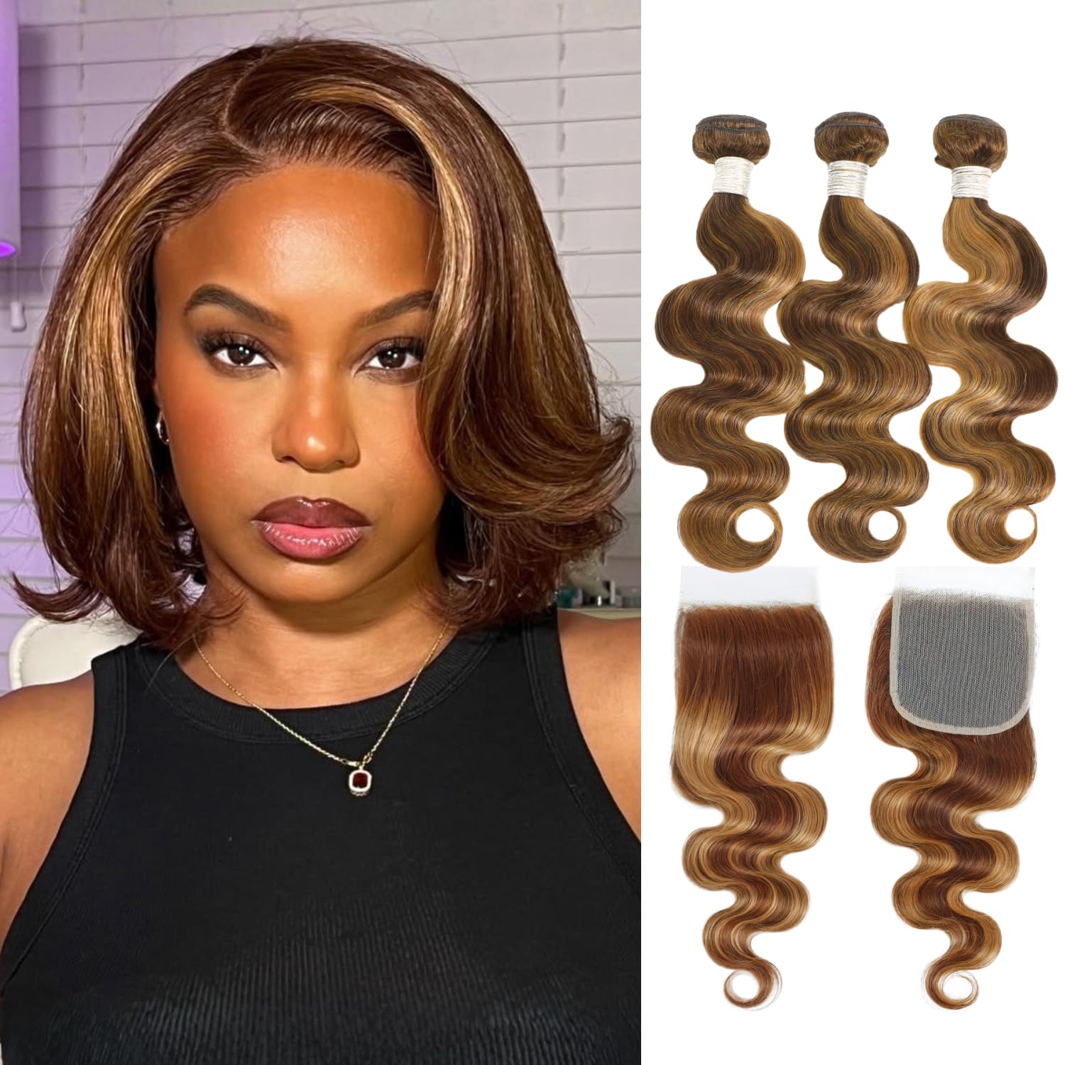 AUROO Honey Blonde Highlight Body Wave Bundles with Closure Human Hair, 12A 100% Thick Track Virgin Brazilian Wavy Weave P4/27 Ombre Brown Colored