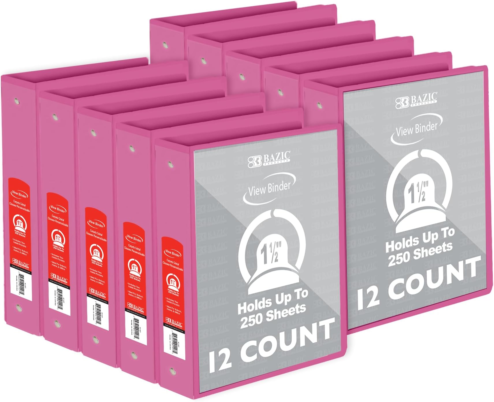 BAZIC 3 Ring Binder 1.5" Economy View Binders Organizer - Fuchsia, Round Ring, Hold 250 Sheets Paper, for School Office Home, 12-Count
