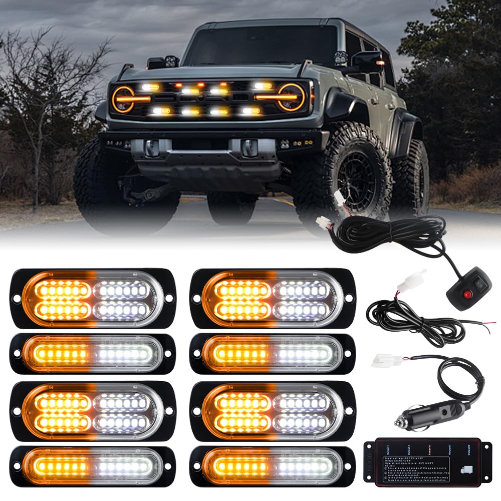 Chemini 8 in 1 LED Strobe Lights Sync Feature Car Emergency Hazard Lighting Amber and White Strobe Lights with Strobe Controller for Truck,Cars,SUV