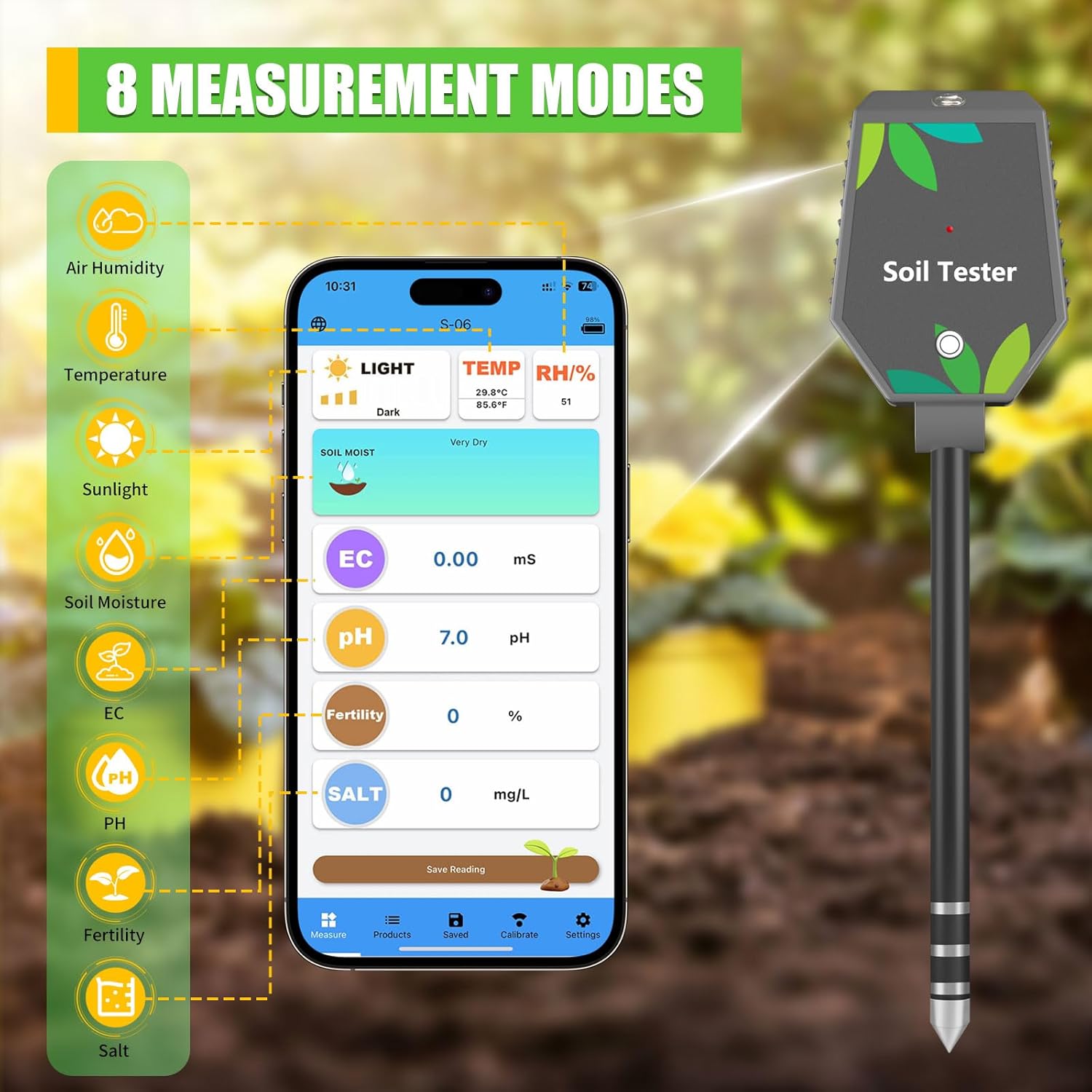 Soil Moisture Meter for Plants, 8-in-1 Soil pH Meter Moisture, Light, pH, EC, Fertility, Salt, Temp, Air Humidity, Soil pH Test Kit Great for Garden, Lawn, Farm, Indoor & Outdoor Use