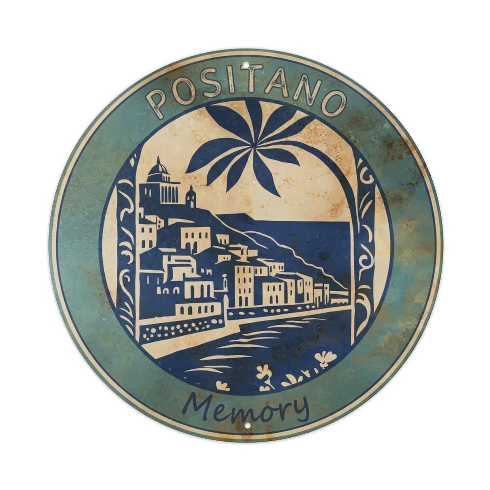 Amalfi Coast Positano Classic Italian Southern Italy Metal Tin Sign Plaque Wall Decor for Cafe, Man Cave, Club Bar, Office, Home Garden Round Metal Poster 8x8Inch