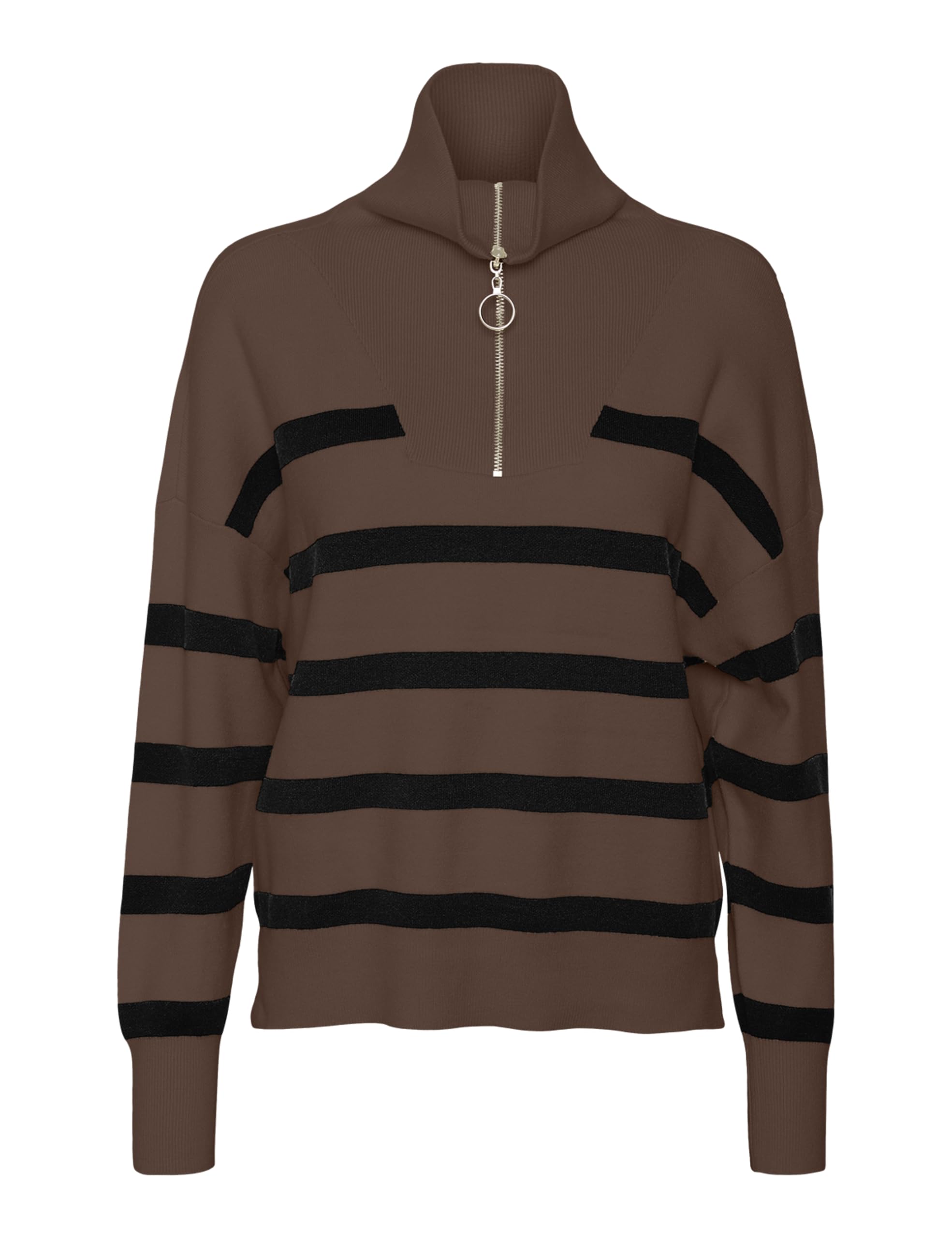 VERO Moda Women's Vmsaba Stripe LS Highneck Blouse Ga Noos Knitted Jumper, Pinecone/Stripes: Black, XXL