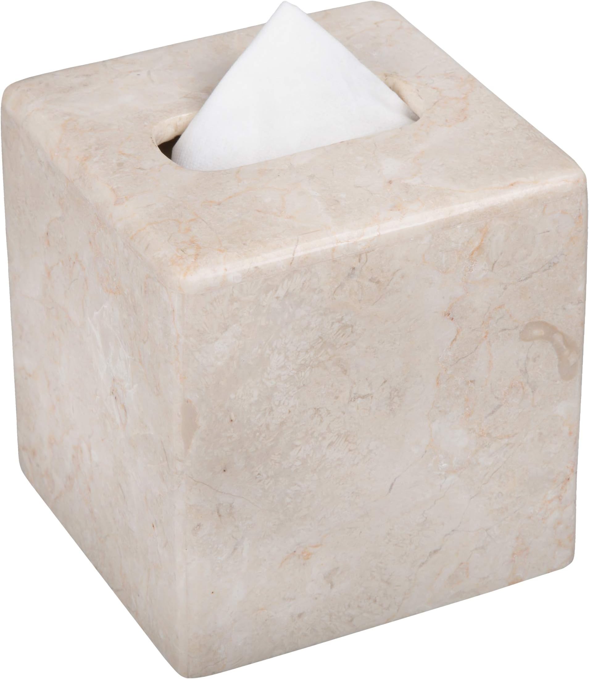 Creative Home Natural Champagne Marble Square Tissue Box Cover Facial Tissue Paper Holder Bathroom Vanity Countertop Organizer for Bedroom Dresser Night Stand End Table, 5.2" x 5.2" x 5.5" H, Beige