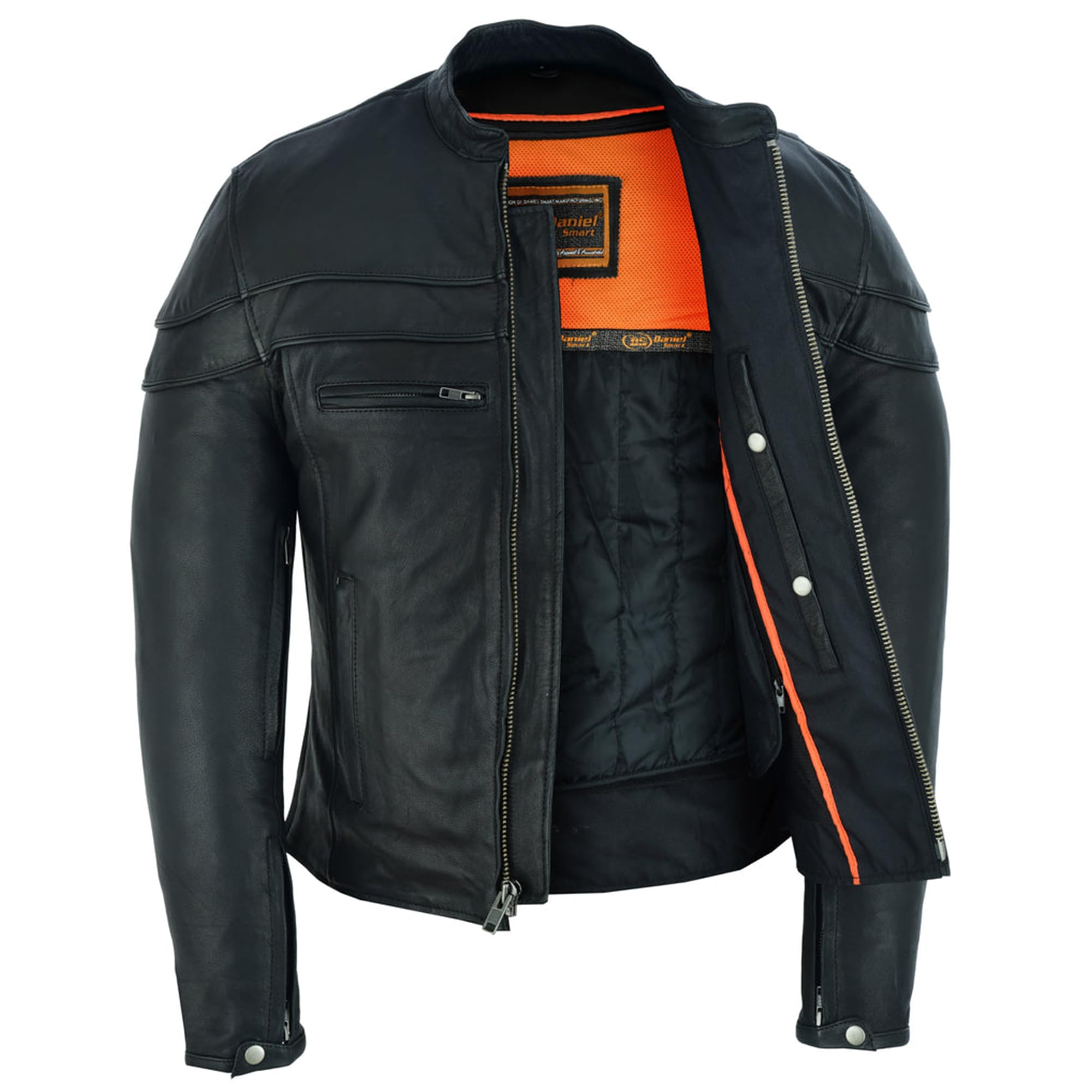 Daniel Smart Mens Leather Motorcycle Jacket Sporty Leather Mens Jacket with Stripe Detailing and Multiple Storage Pockets