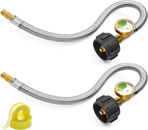 Mangueras de propano RV de 15 pulgadas con calibre, macho invertido de 14 pulgadas, coleta de propano trenzada de acero inoxidable para regulador de