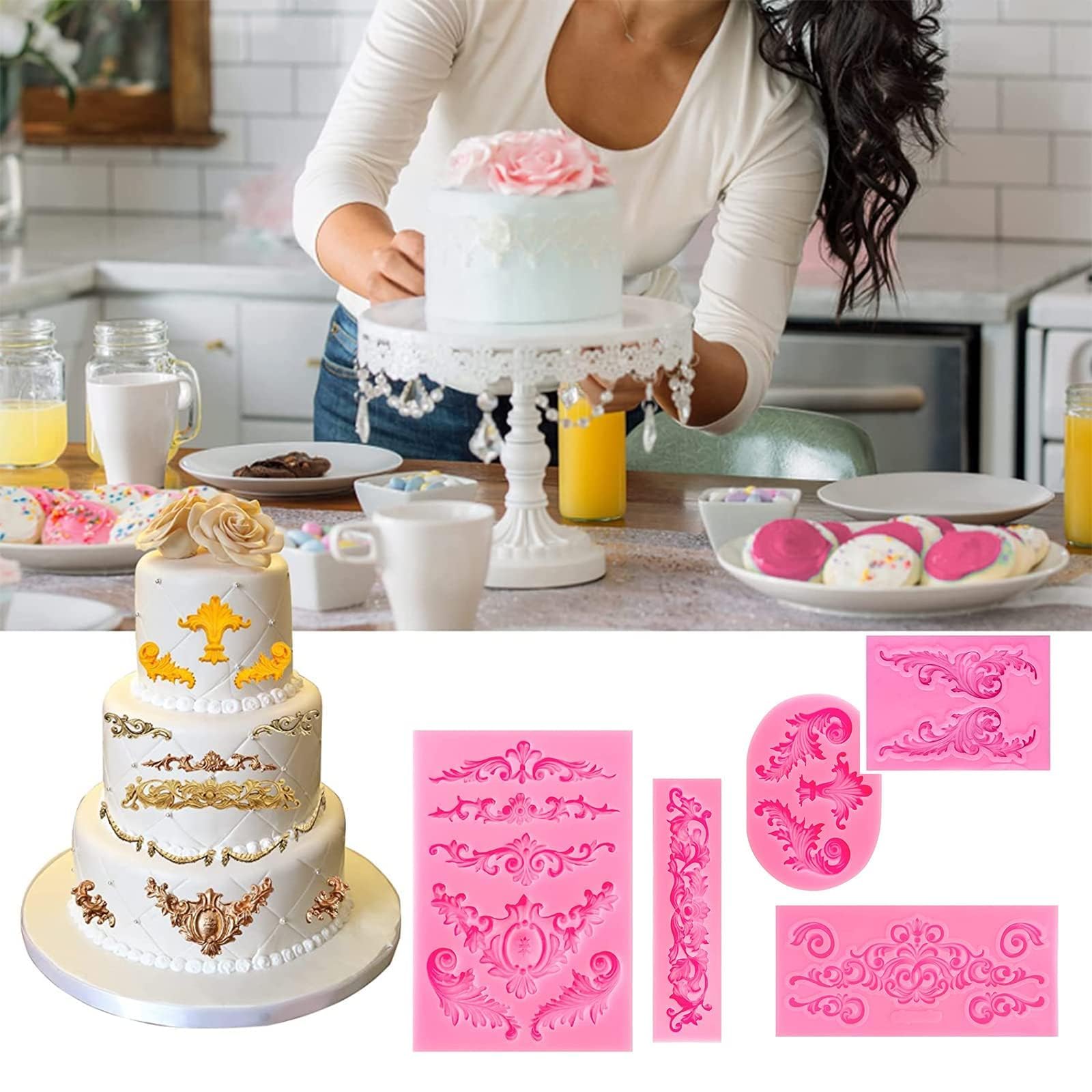 5 sztuk silikonowych foremek do fondantów, barokowych 3D, vintage, do krówek, czekolady, dekoracji deserowych