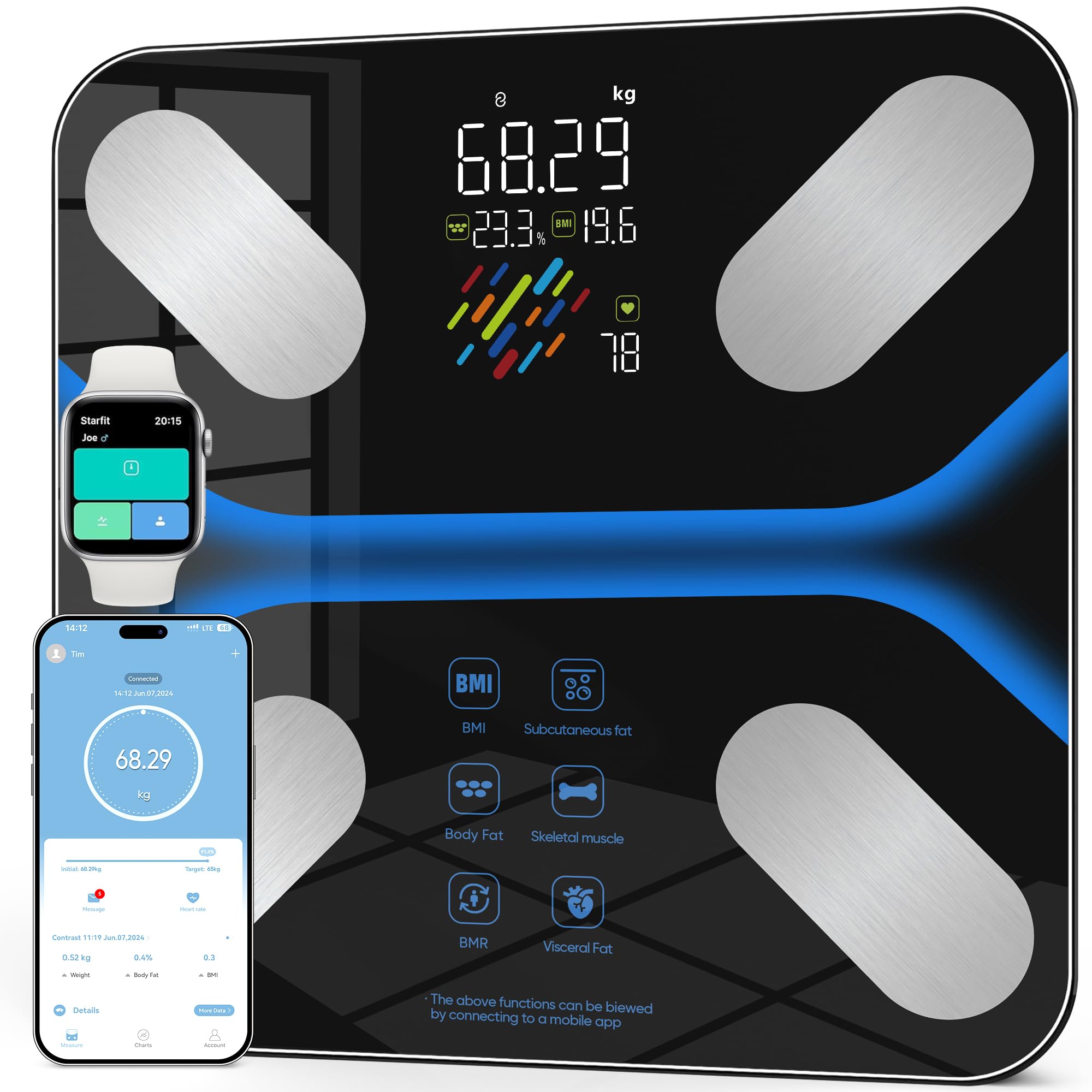 Körperfettwaage Personenwaage Digital mit Großem Display, 22 Körperanalysewerte, 4 Elektroden, Bluetooth App, BMI & Muskelanalyse, 6 Modi mit automatischer Nutzererkennung, 180kg/400lbs, 24 Benutzer