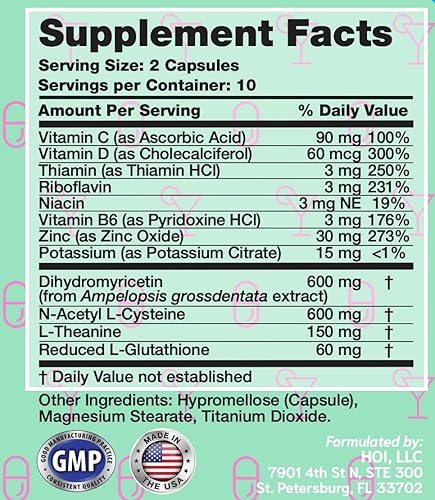 Miniatura 3 de HOI - Suplemento para el metabolismo del alcohol otras marcas son injustamente caras! con DHM y L-glutatión para apoyo hepático, electrolitos para