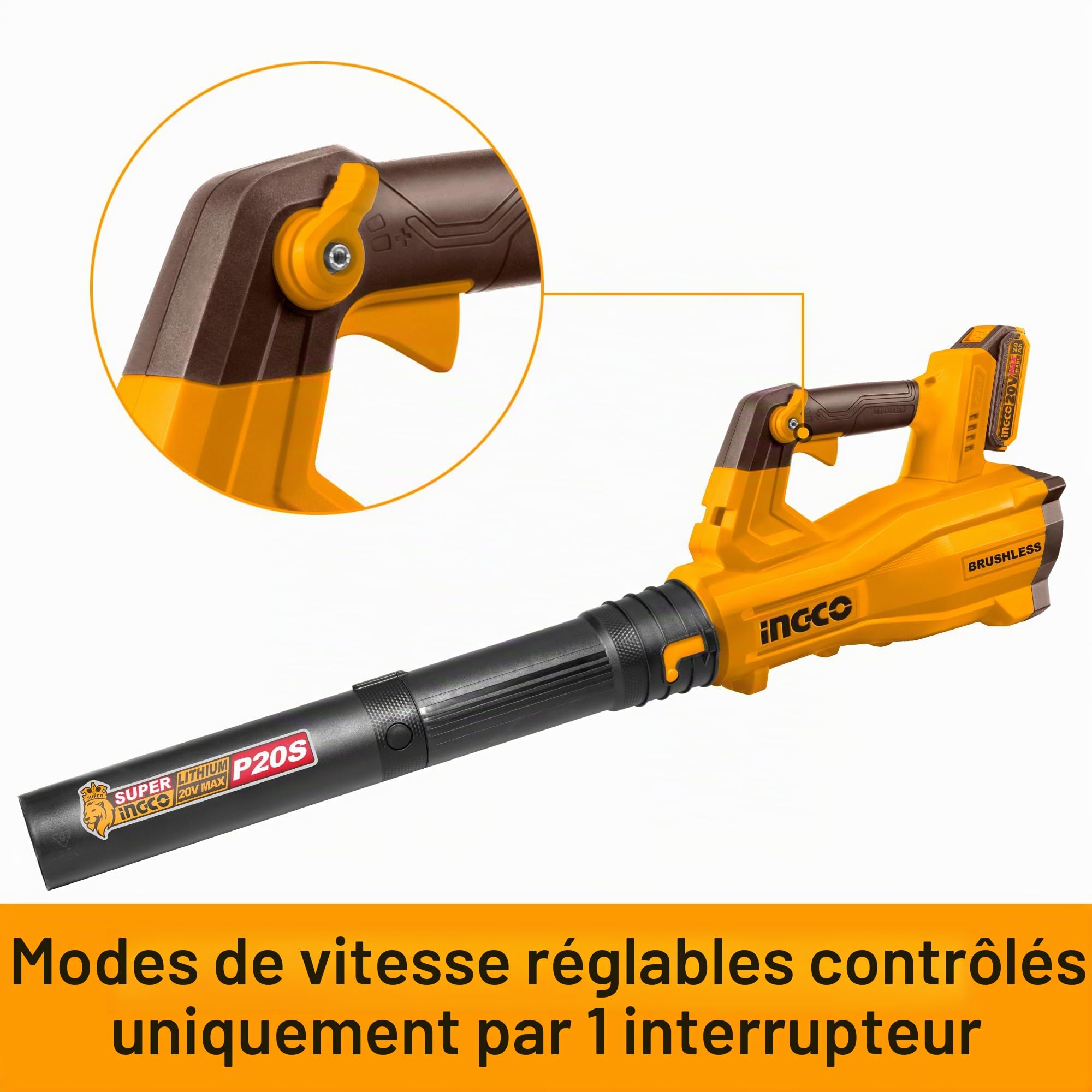 INGCO Souffleur à feuilles sans balais 20 V (corps uniquement) sans fil, vitesse d'air maximale 144 km/h, 18500 tr/min pour l'entretien de la pelouse, le dépoussiérage, le nettoyage des mauvaises