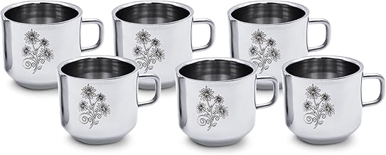 LiMETRO STEEL Pack of 6 Stainless Steel Double Wall Laser Printed Flower Design Tea, Coffee Cup, (Flower-1, Cup Set)