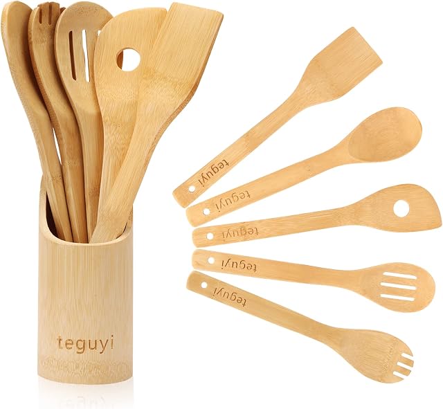 Wooden Spoons Cooking Utensils Set, teguyi 5 Pieces Bamboo Kitchen Spatulas, Nonstick/Comfort Grip/Housewarming Gifts