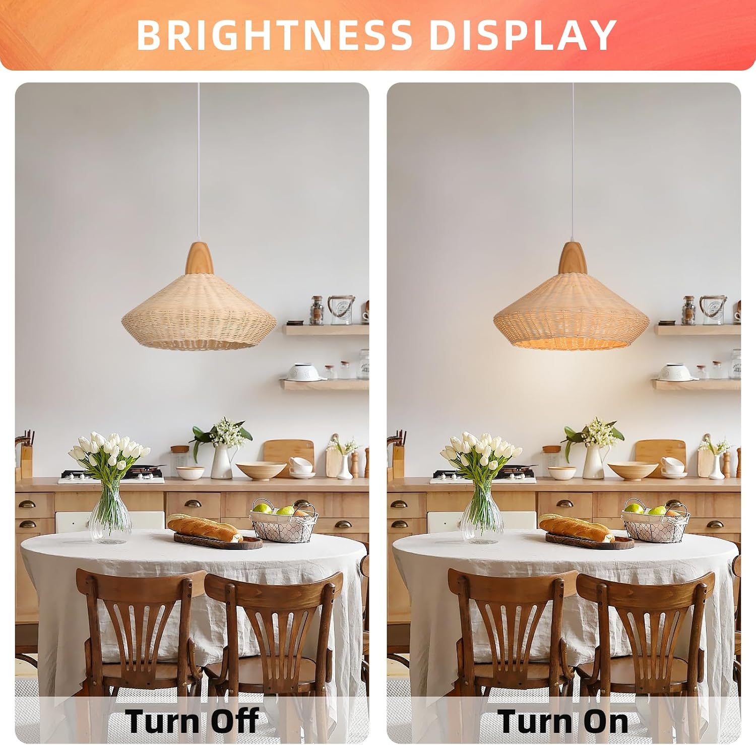 Arturesthome 19.6" Rattan Pendant Light for Dining Room,Coastal Rustic Wood Ceiling Light Hinging Lighting Fixture,Vintage Farmhouse Chandelier for Kitchen Island Bedroom