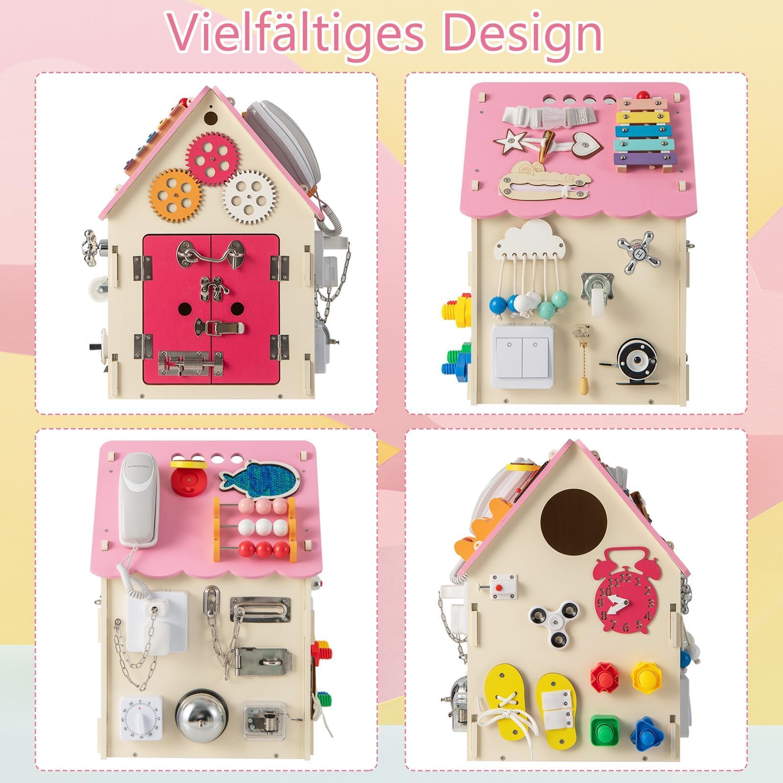 FANTASK Kinder Spielhaus Holz, Spielzeughaus mit Sinnesspielen & Stauraum, Lernspielzeug Montessori, Aktivitätswürfel für Kinder ab 2 Jahren