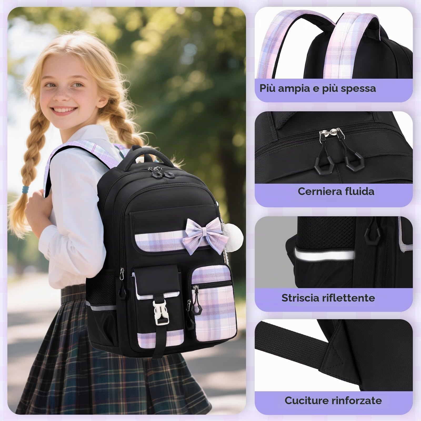 Tanou Zaino per Ragazze Zaino Bambina Scuola Elementare e Media | Impermeabile Zaini da Viaggio Borsa Casual per Adolescenti con Cinghia per Trolley, Nero