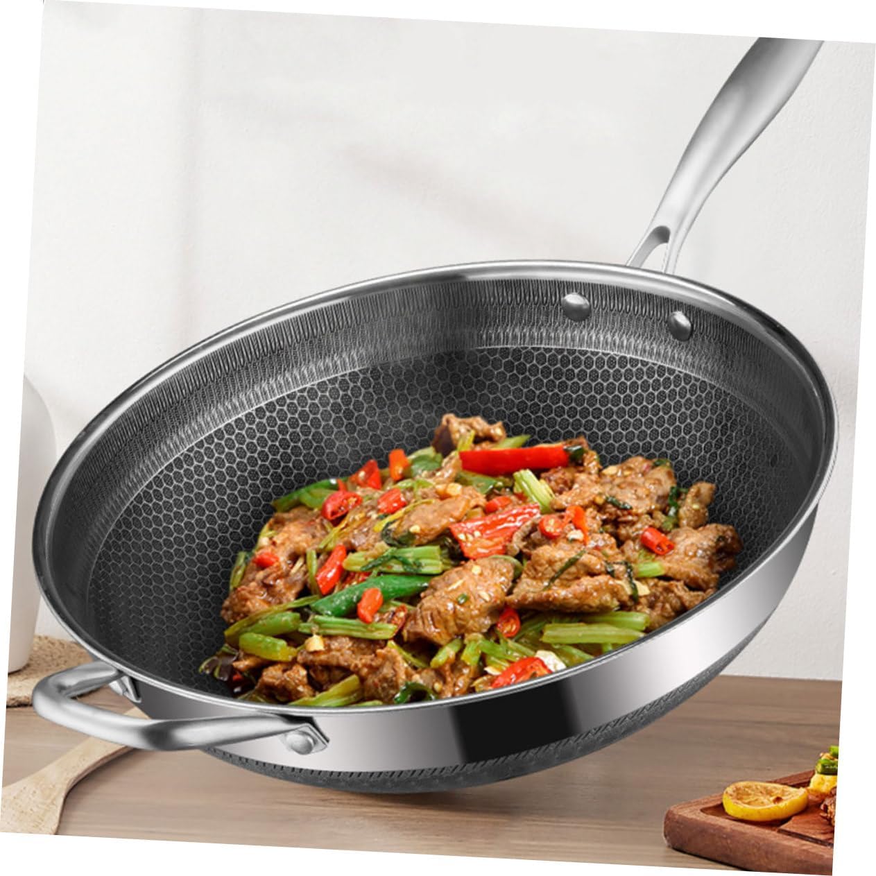 Alipis Stainless Steel Honeycomb Wok for Induction Cookers Nonstick Frying Pan Dual Handles Scratch Resistant and Even Heat Distribution for Gas and Electric Stoves