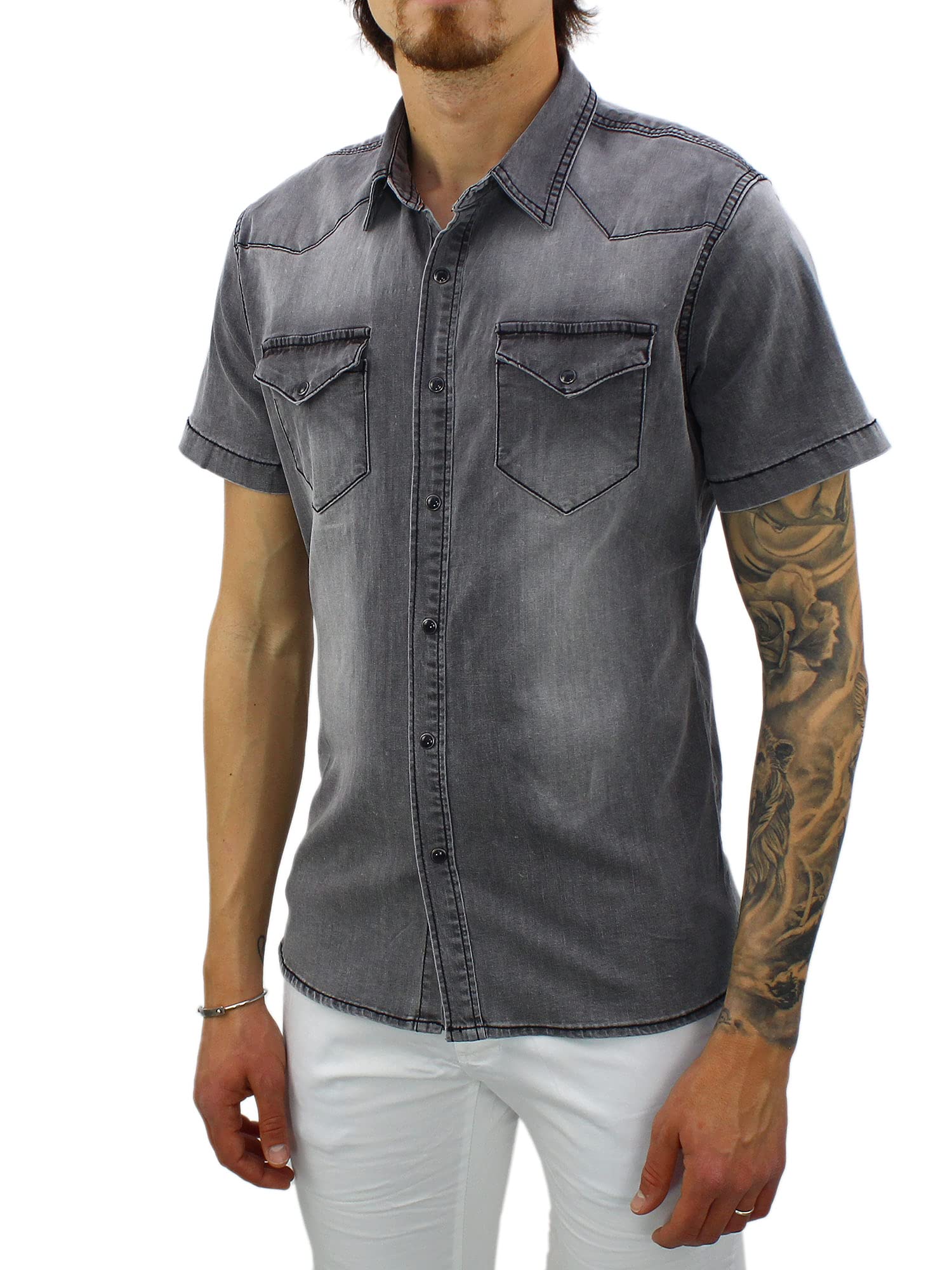 Camisa vaquera para hombre de manga corta Slim Fit azul y negro vaquero