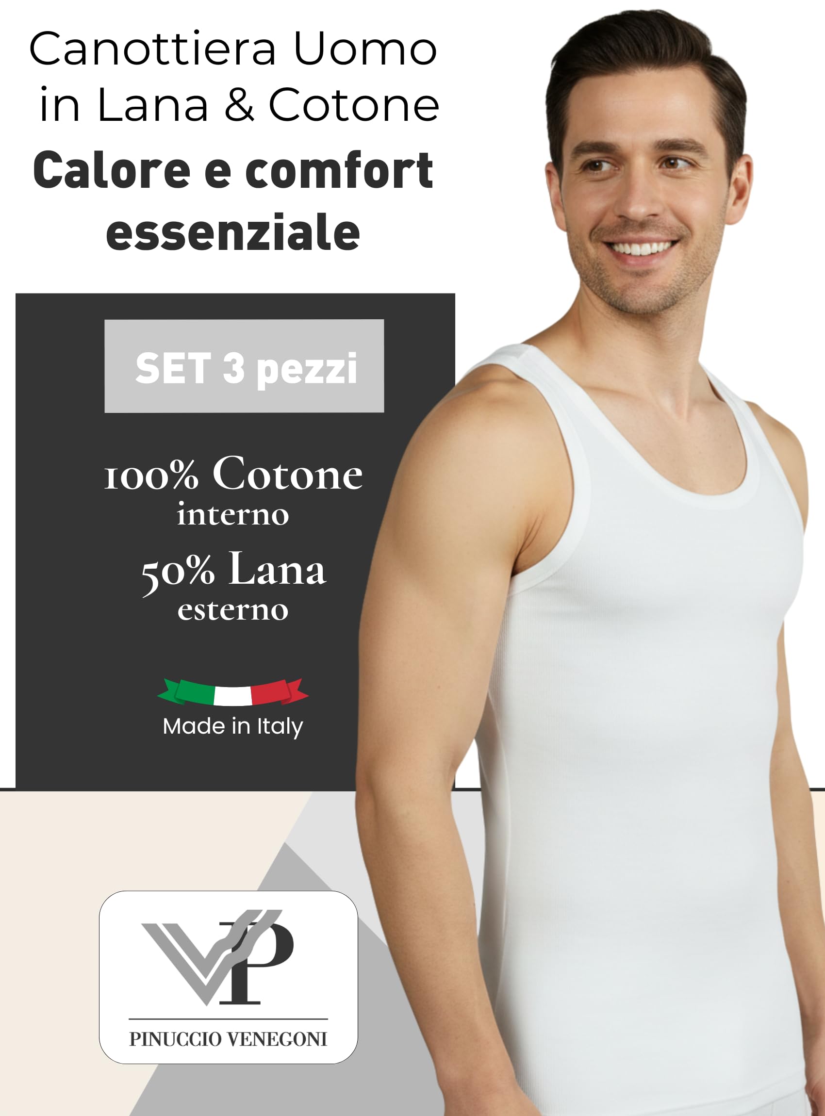 Pinuccio Venegoni Set 3 Canottiera Lana Cotone Uomo Intimo 100% Sulla Pelle; Canottiere Uomo Spalla Larga Invernali, MADE IN ITALY; Canotta Termica Misto Lana Esterno E Cotone Interno Intimo Lana Uomo