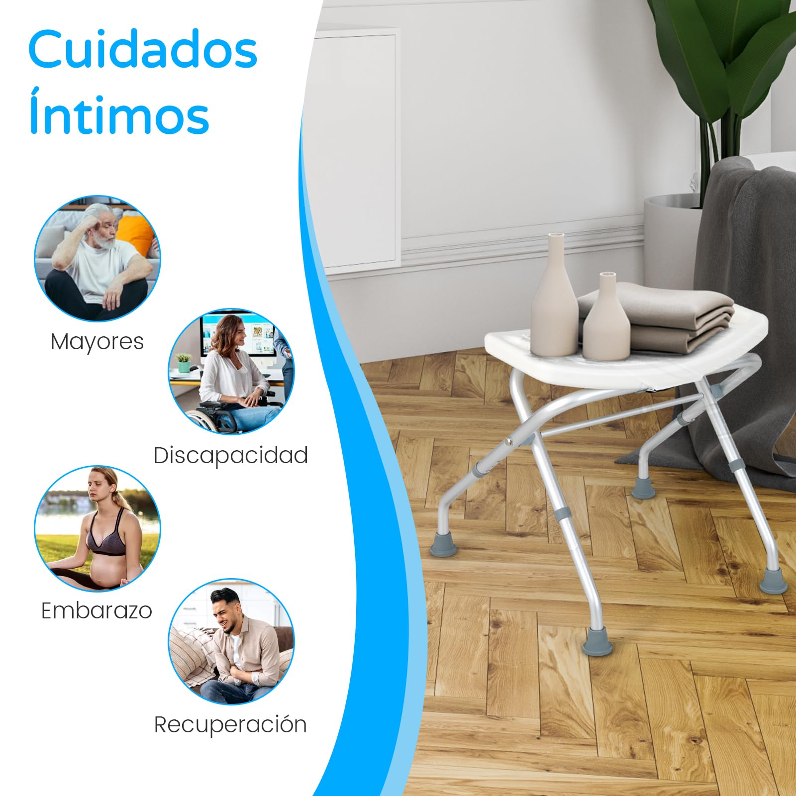 RELAX4LIFE Taburete Baño Plegable con 3 Altura Ajustable 49-52,5cm, Taburete Ducha Antideslizante de Aluminio y HDPE con Orificios de Drenaje para Personas Mayores, Discapacitadas, Carga 150kg