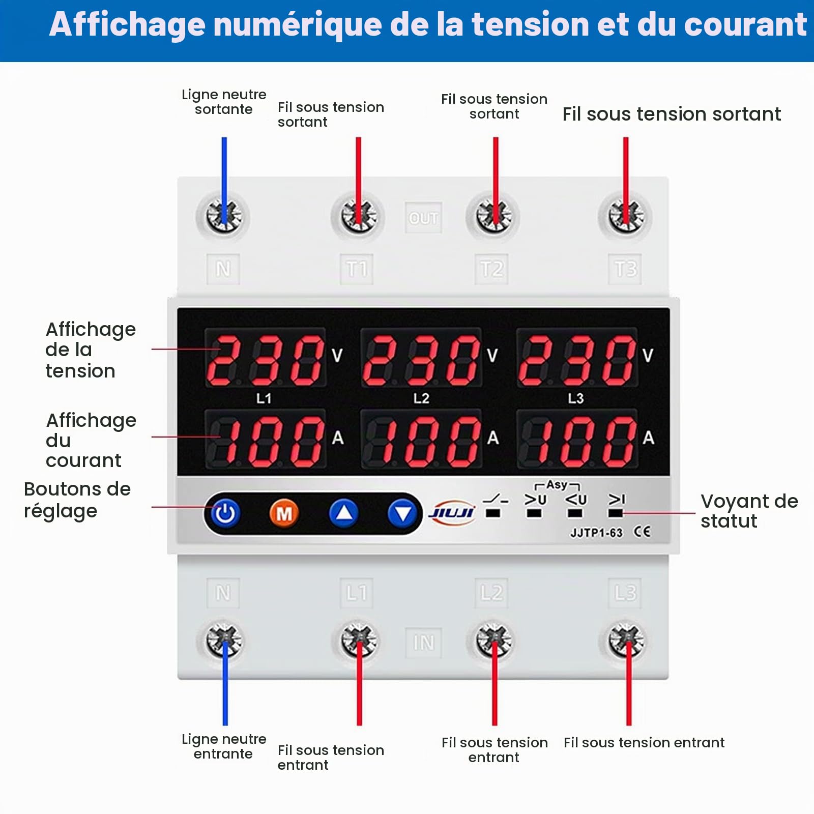 DEWIN Protecteur de Courant de Tension, Voltmètre Ampèremètre à Rail DIN Triphasé Relais de Surtension et de Sous-tension 63A AC 220V