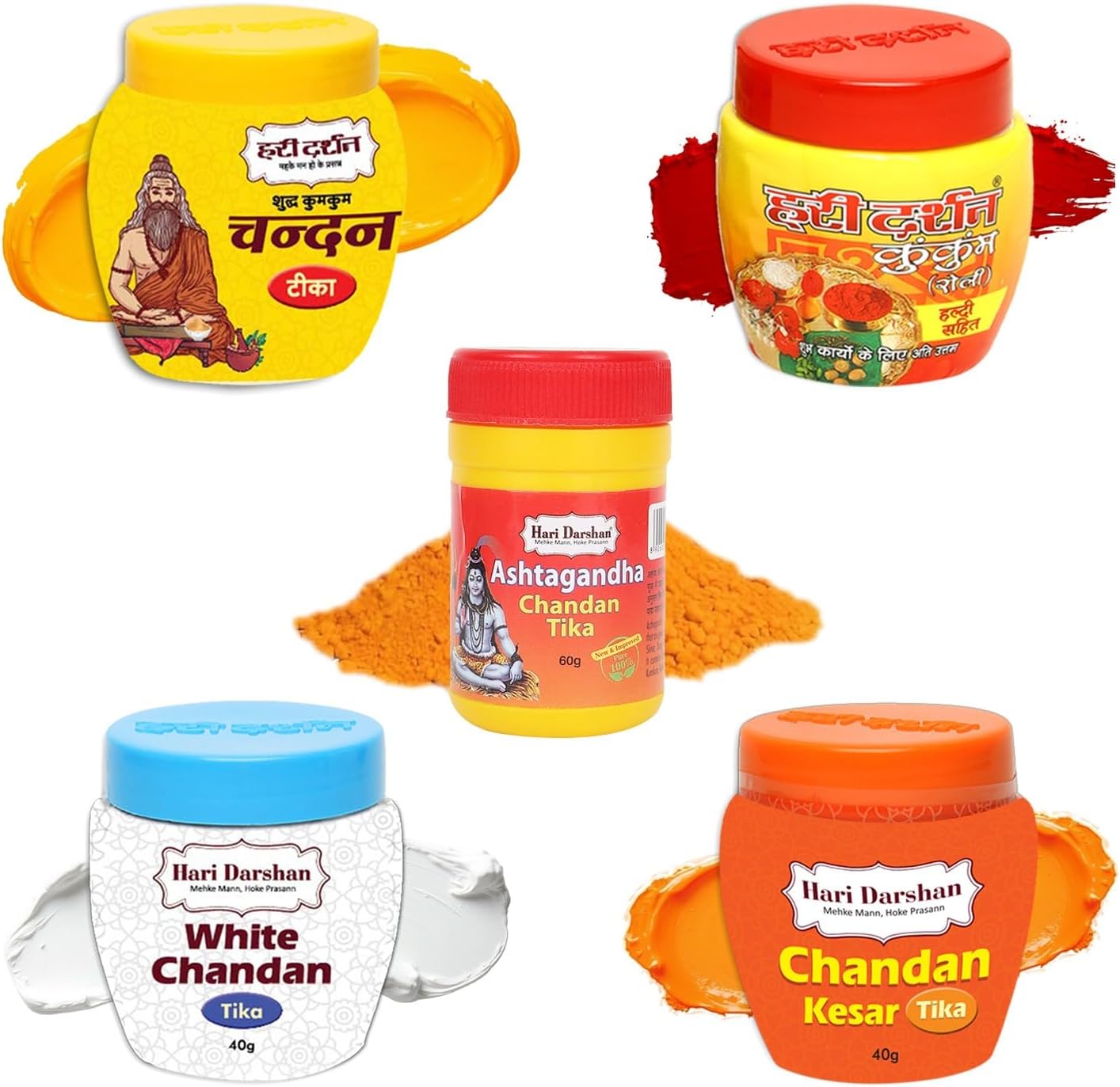 Hari Darshan - Tika Combo - Sandalwood Chandan Kesar Ashtagandha Kumkum Roli White Tika Tilak - Pack of 5