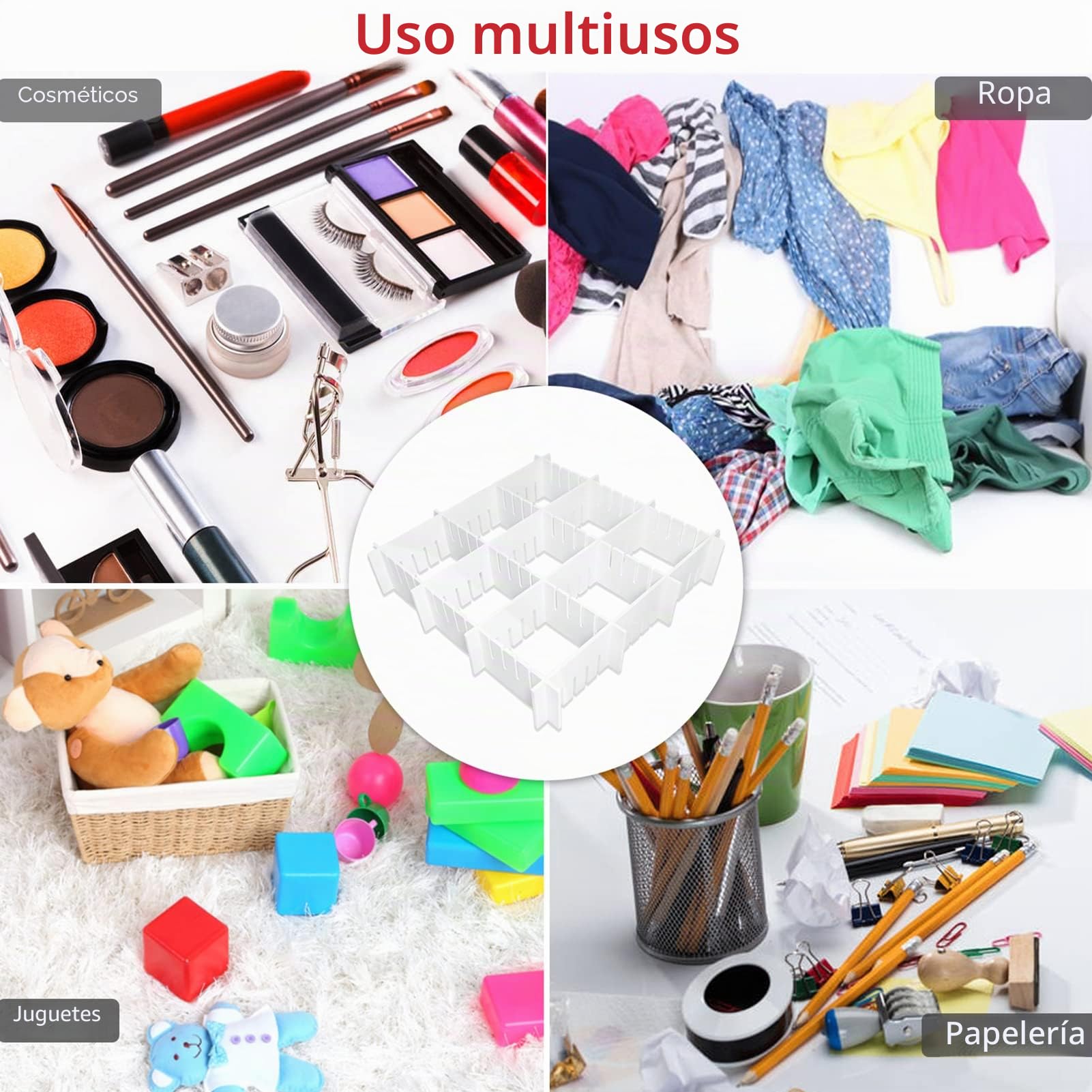 Separadores para cajones ajustables de plástico 42x9 cm organizadores modulares rejilla armario escritorio baño blanco