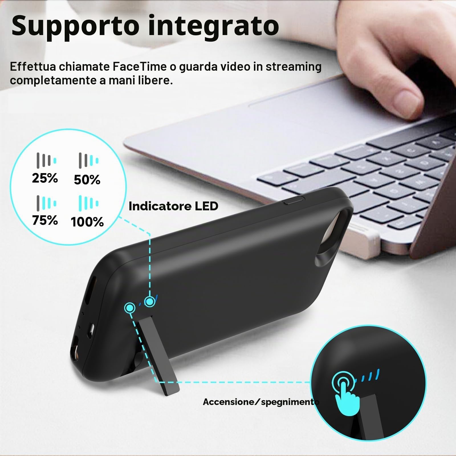 Cover Batteria per iPhone 8/7/6S/6/SE 2020, 8500 mAh Sottile e Ricaricabile con Supporto, Custodia di Ricarica Estesa Custodia Protettiva Portatile con Batteria - Nero (4.7 Pollici)
