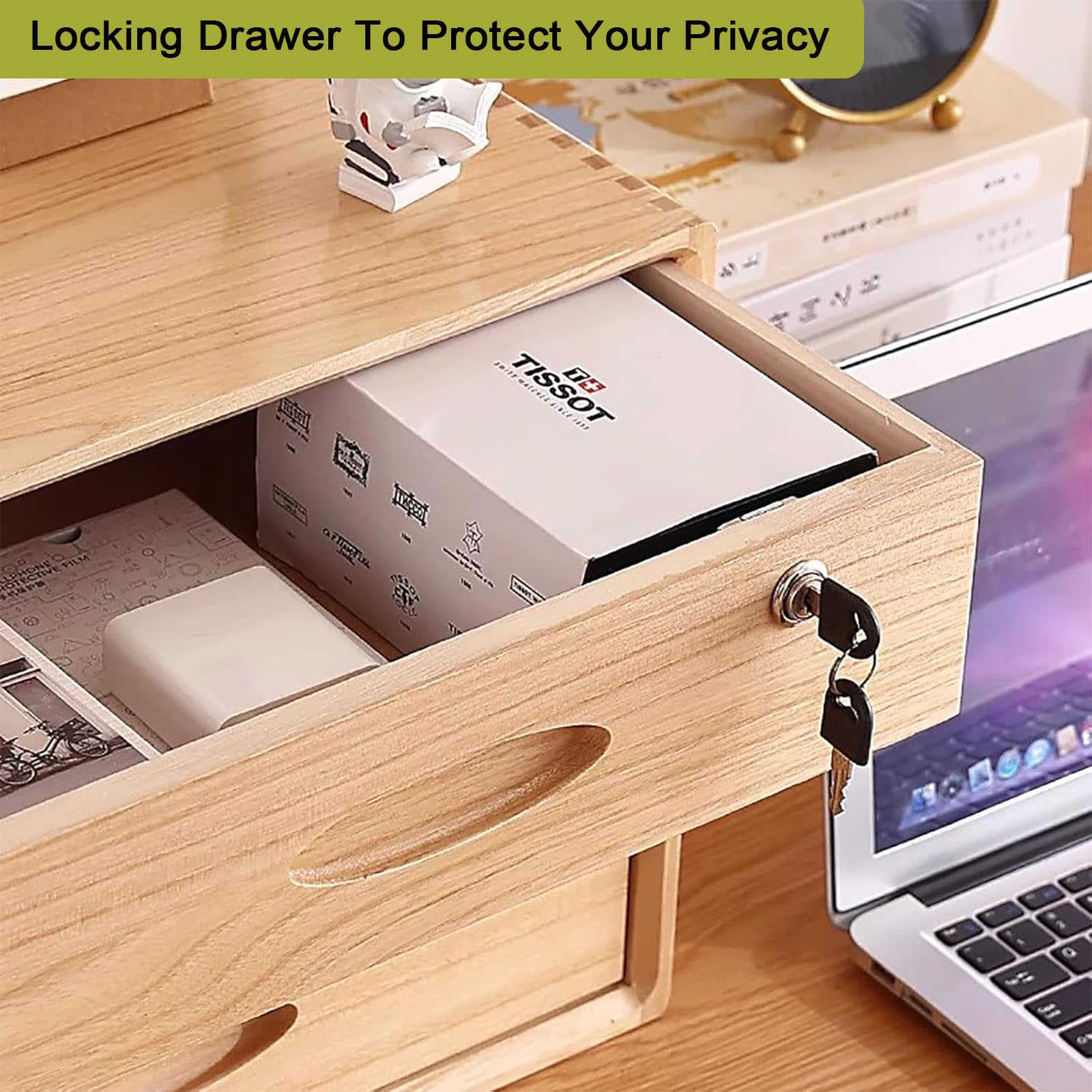 Organizer da scrivania in legno con cassetti con serratura, per riporre documenti e accessori, elegante organizer da scrivania per casa e ufficio