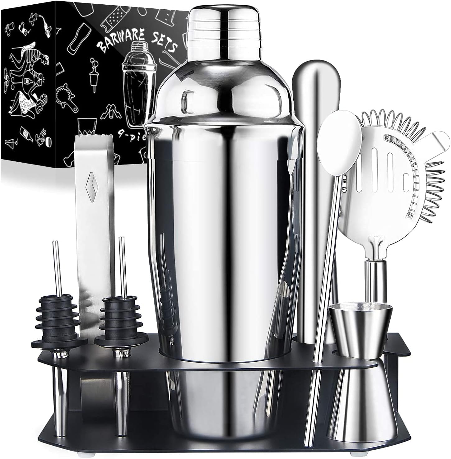 Cocktail Shaker Set, Appolab Bartender Mixology Kit Stainless Steel Cocktail Shaker with Stand, Martini Margarita Cocktail Bar Set Mix Drink Shaker Kit for Home Bar Party