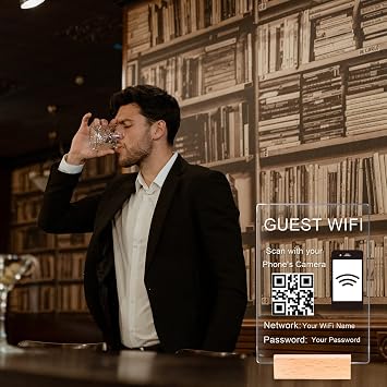 Custom Wifi Password Sign for Home With Stand - Personalized QR Code Acrylic Signage for Guests - Hotel, Restaurant, Office Decor (Clear)
