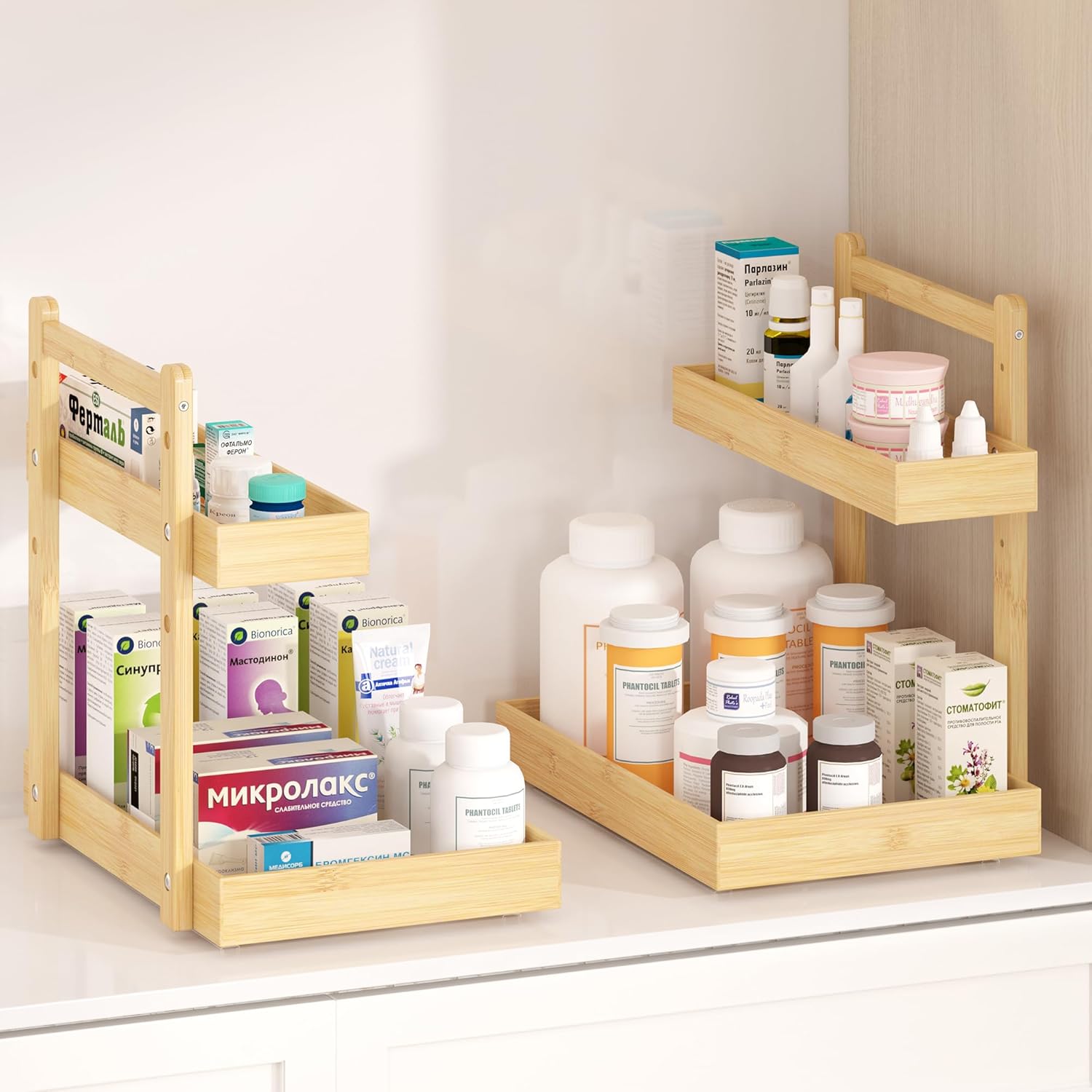 Under Sink Organizer - 2-Tier Pull Out Cabinet Organizer Vertical Slide Out Sink Shelf Storage Shelves for Multi-Purpose Bath Kitchen Bathroom Medicine (Nature, 2 Packs) - Image 4