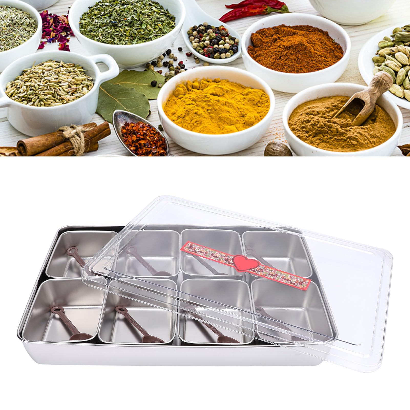 Greensen 8 Compartiments Plateau à Condiments, Bac à Condiments Refroidi par Glace Plateau de Service pour Fruits Boîte à Snacks Contenant avec Fond Antidérapant pour Accessoires (Style en acier