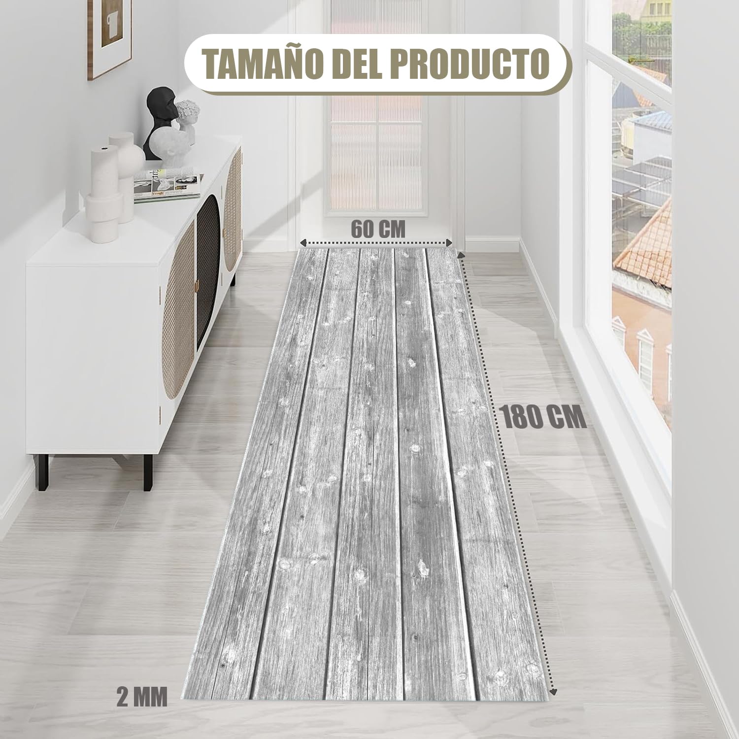 Alfombras Vinilicas Efecto Parquet Gris 180 x 60 - Alfombra Vinilica Cocina Resistente y Antitropiezos - Alfombra Cocina Lavable Antideslizante para Interior/Exterior - Alfombras de Vinilo Esponjosas