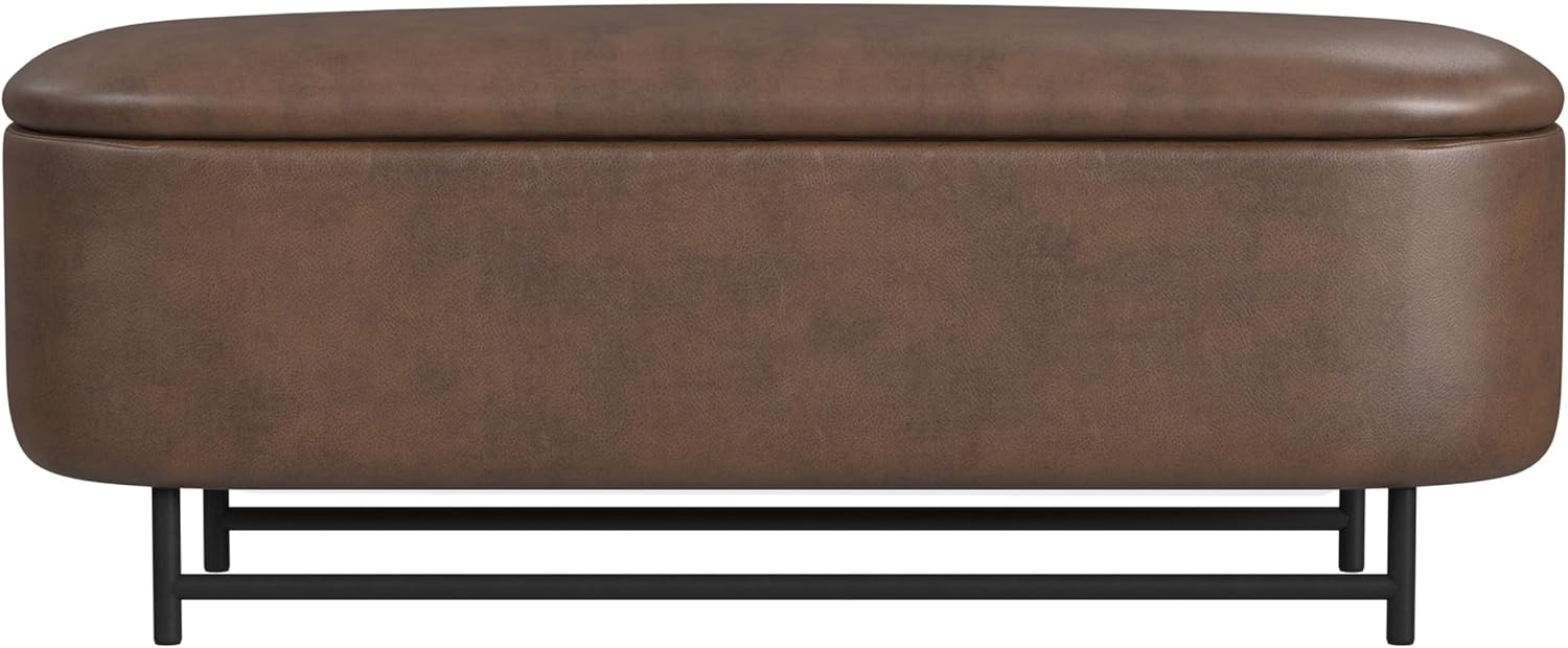 HomePop Ellipse Modern Storage Bench with Metal Legs |Homepop Home Décor|Bench with Storage for Living Room & Bedroom - Brown Faux Leather