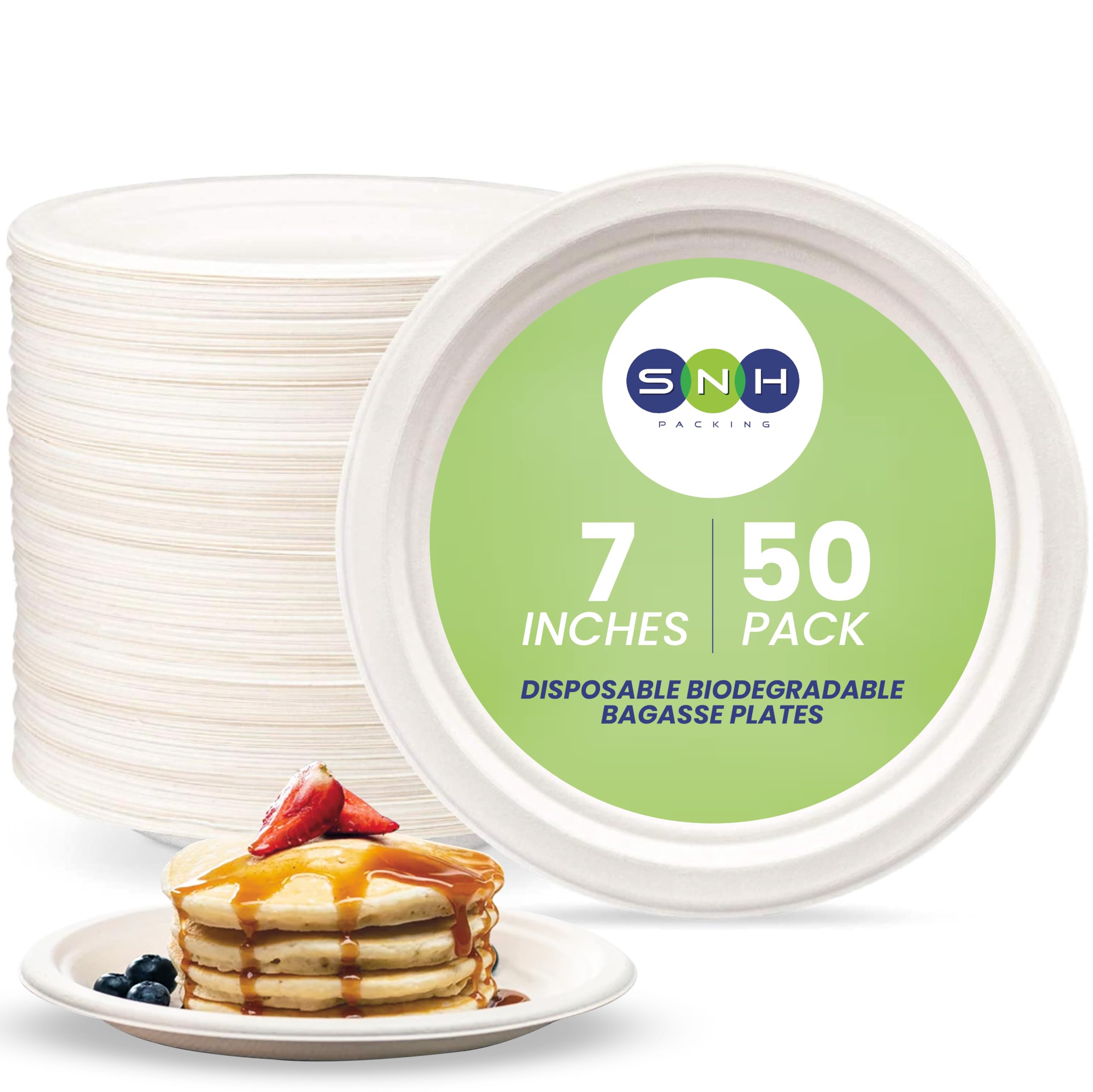 ECO Friendly Bagasse Biodegradable Plate 7 inch Disposable, Made From 100% Sugarcane Plates, Natural Alternative to Paper Plate, Everyday Tableware, Heavy Duty Microwaveable - 50 Pieces. (50, 7 Inch)