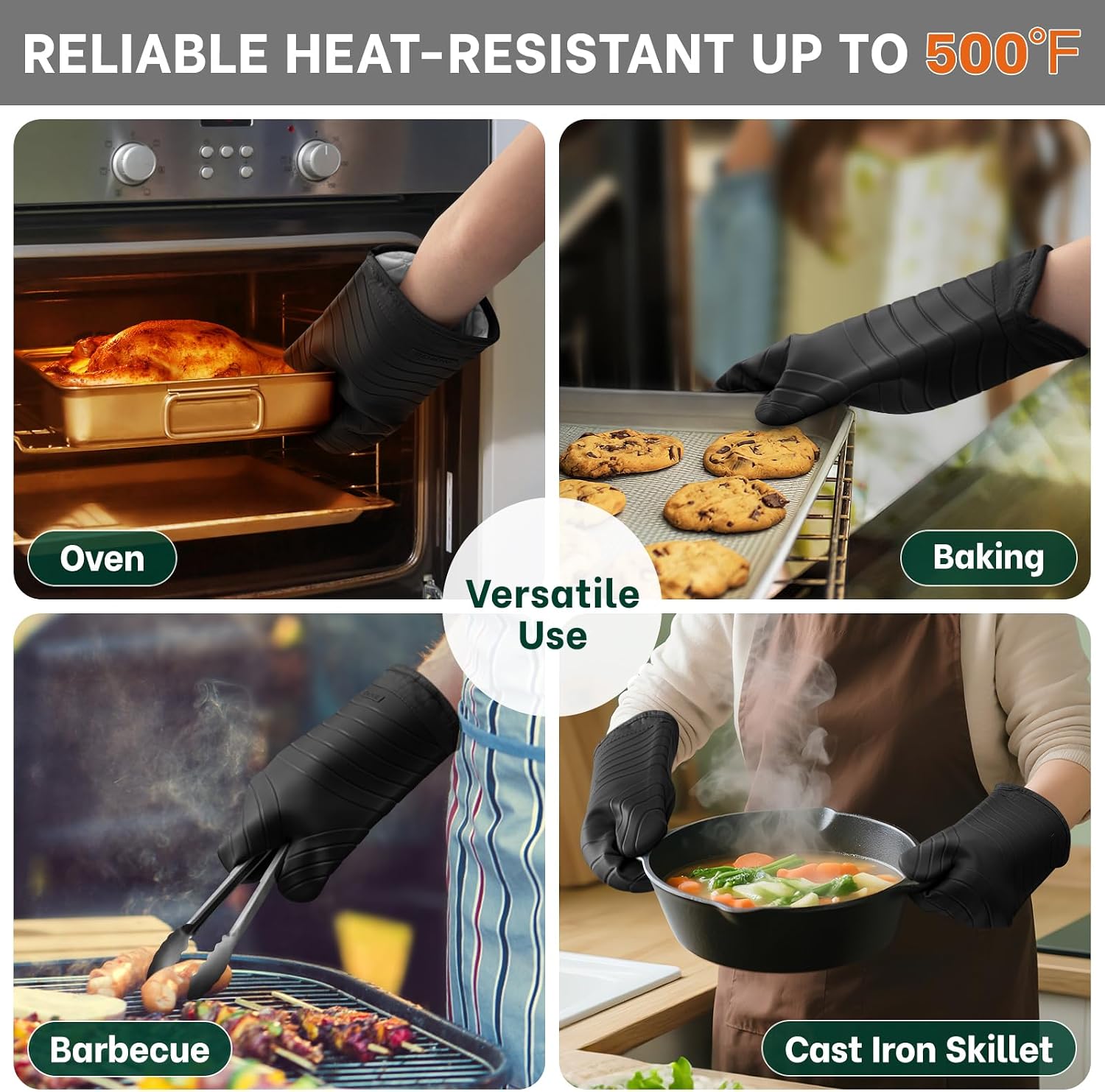 Beneno BPA-Free Silicone Oven Mitt 2-Pack Set, 7"x13", Black