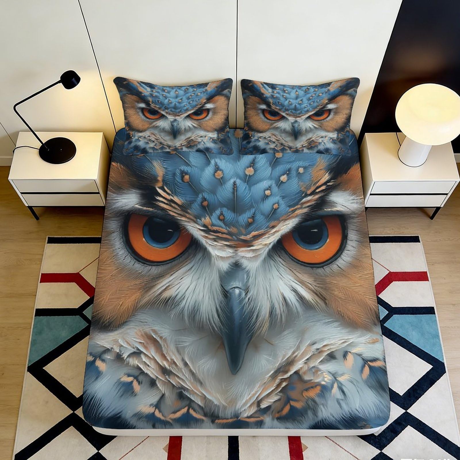3D Printed Owl Eyes Fitted Sheet Microfiber Non-Slip Mattress Cover for Bedroom Dorm Room Dustproof Bed Decor, Easy Care, Orange Blue 90x200x25cm
