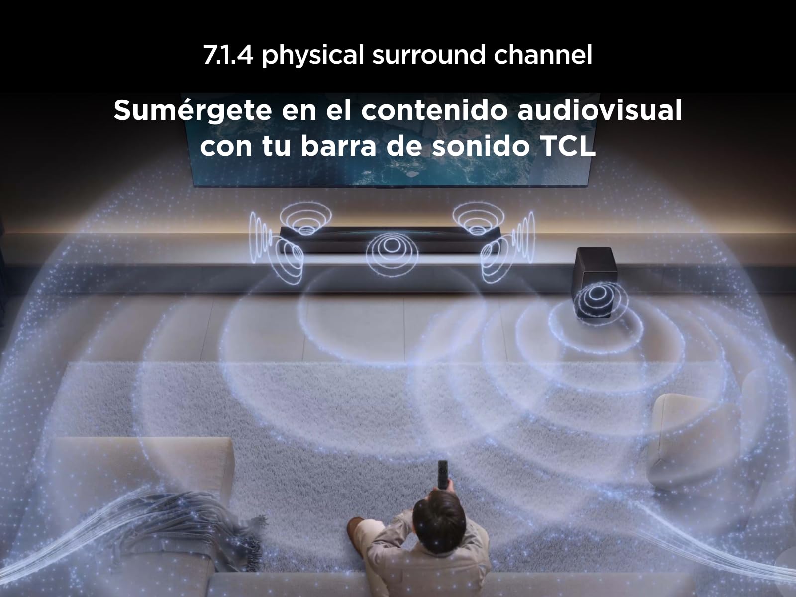 TCL Barra de Sonido Q85H Pro 7.1.4 Canales para TV, 860 vatios, Cine en casa, Sonido Cine Envolvente, expansión de Sonido, Dolby Atmos, DTS:X, Bluetooth 5.1, HDMI 2.1, Mando a Distancia único, USB